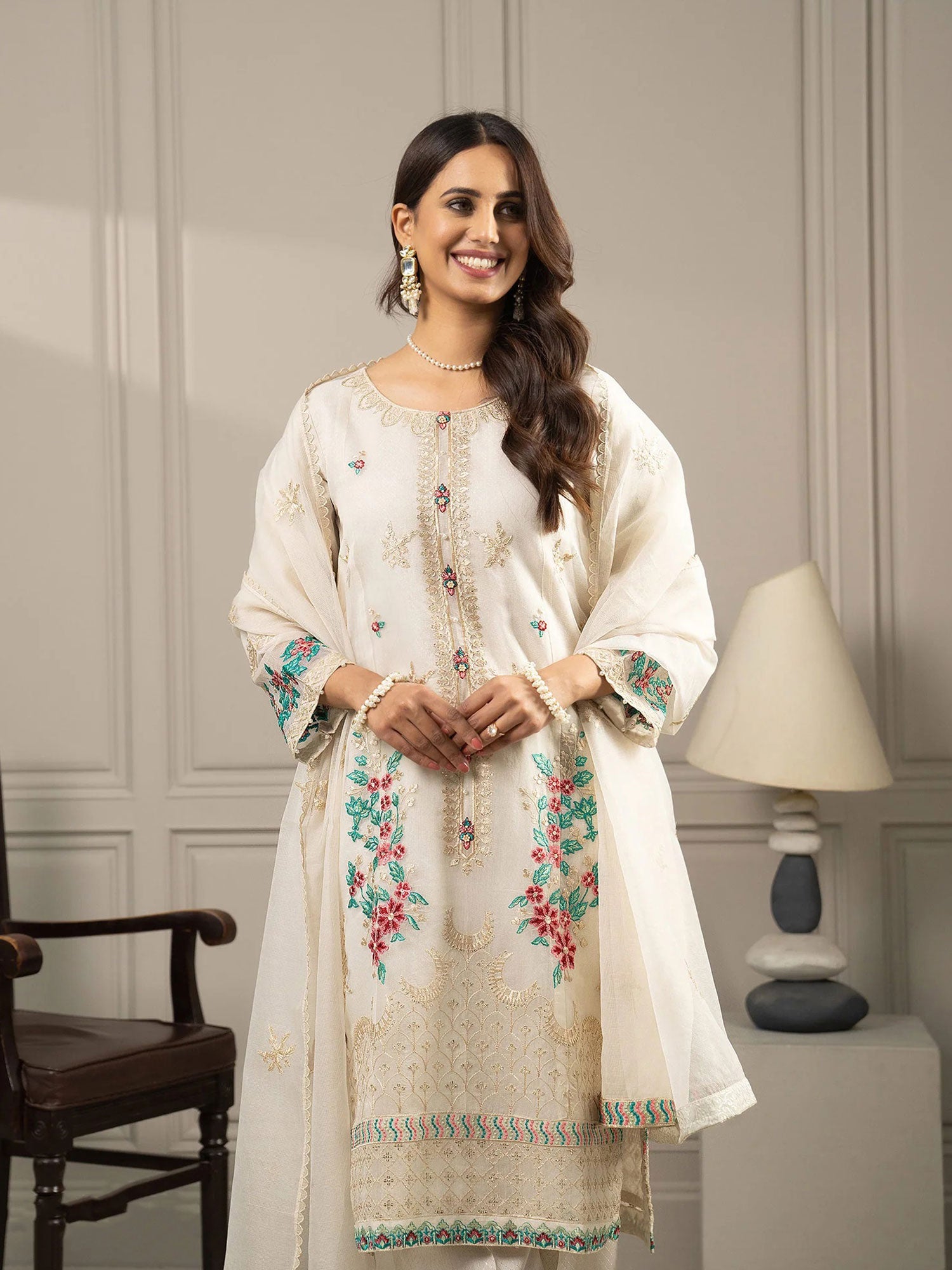 Sha Posh Embroidered Bori Net Suit - Off White