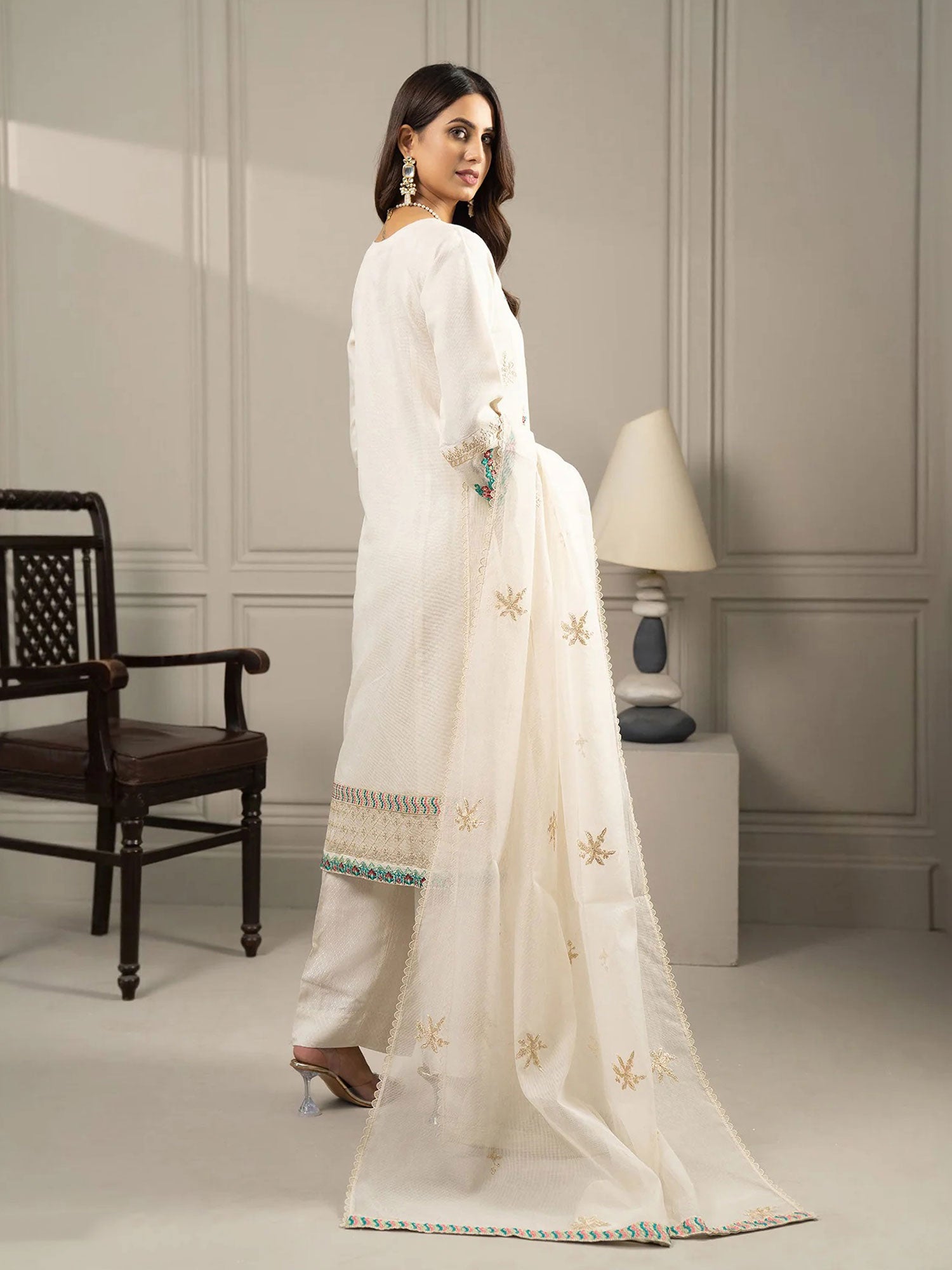 Sha Posh Embroidered Bori Net Suit - Off White