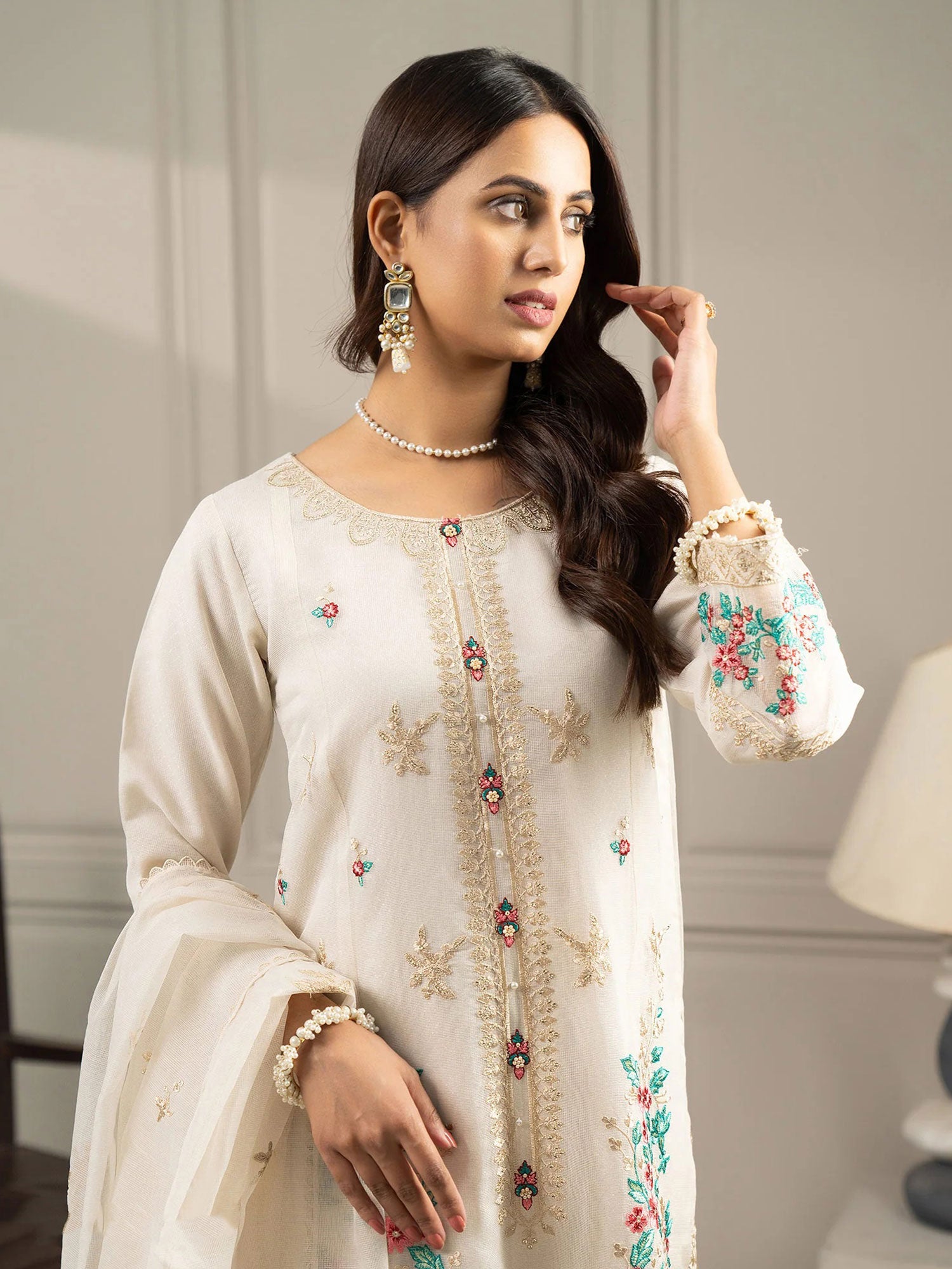 Sha Posh Embroidered Bori Net Suit - Off White