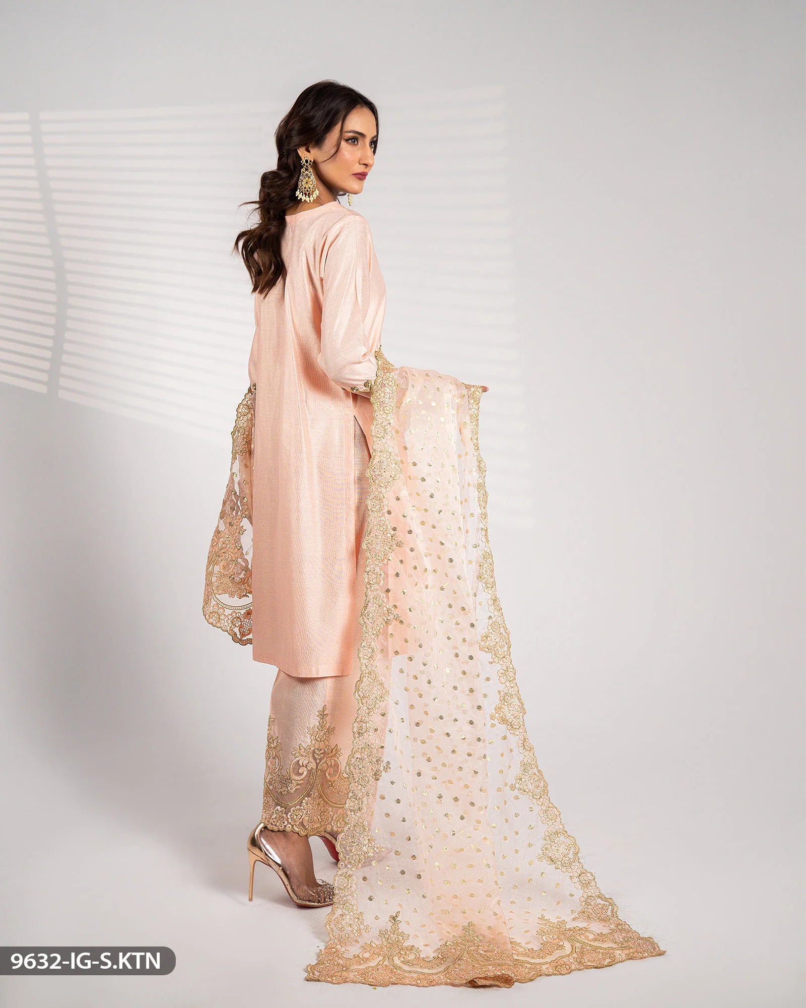 Sha Posh Embroidered Chambray Katan Suit - Peach