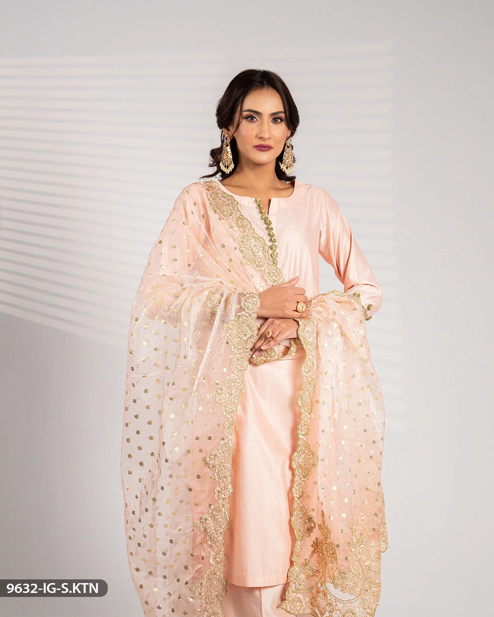 Sha Posh Embroidered Chambray Katan Suit - Peach