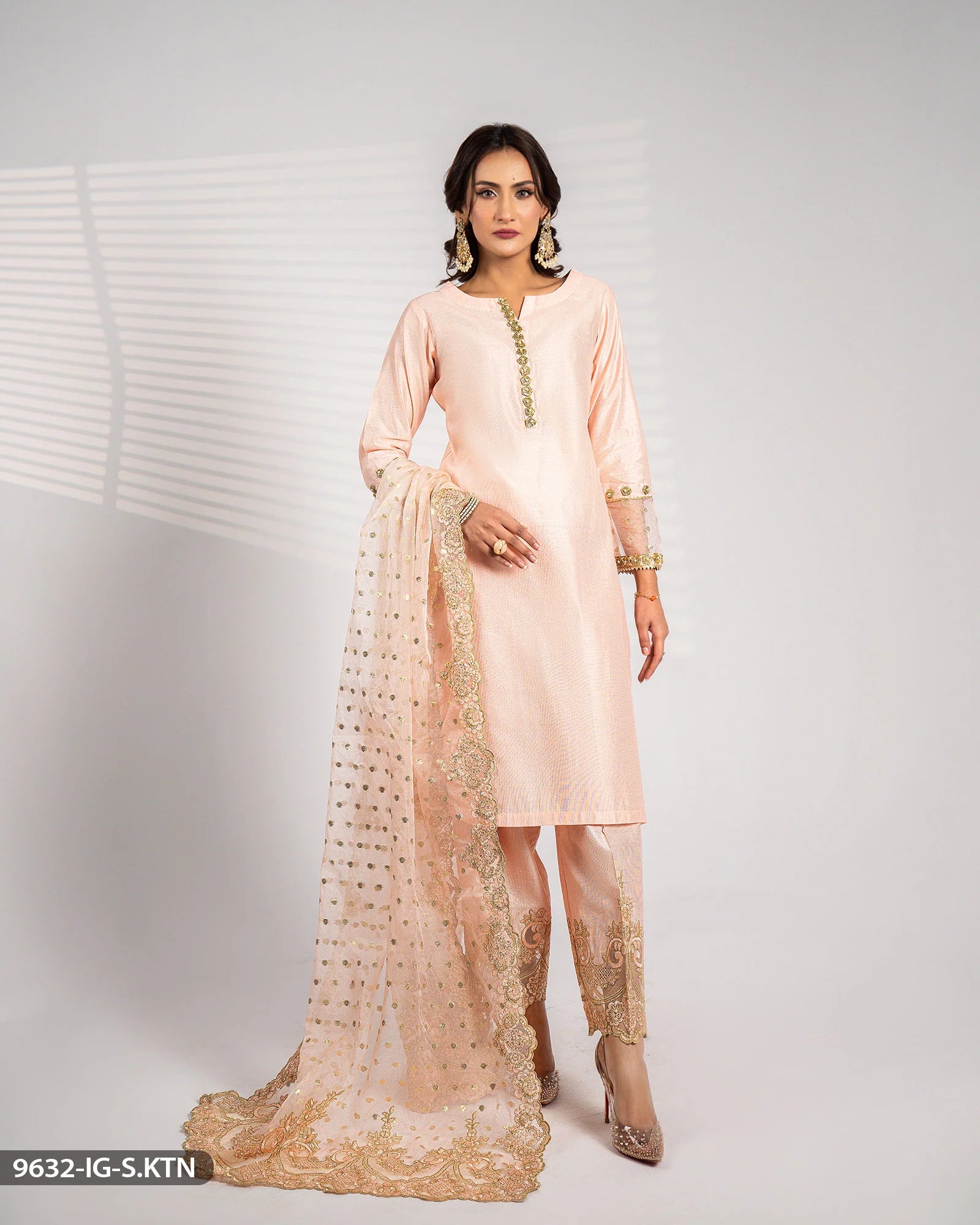 Sha Posh Embroidered Chambray Katan Suit - Peach