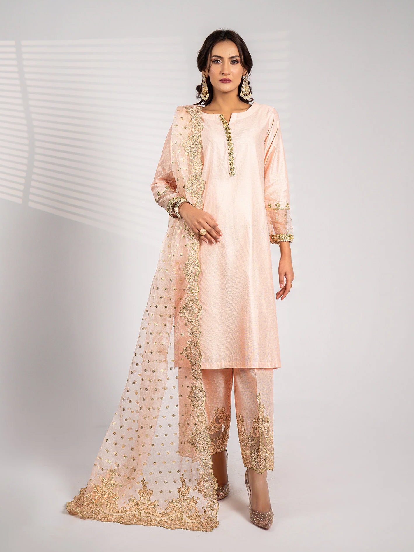 Sha Posh Embroidered Chambray Katan Suit - Peach