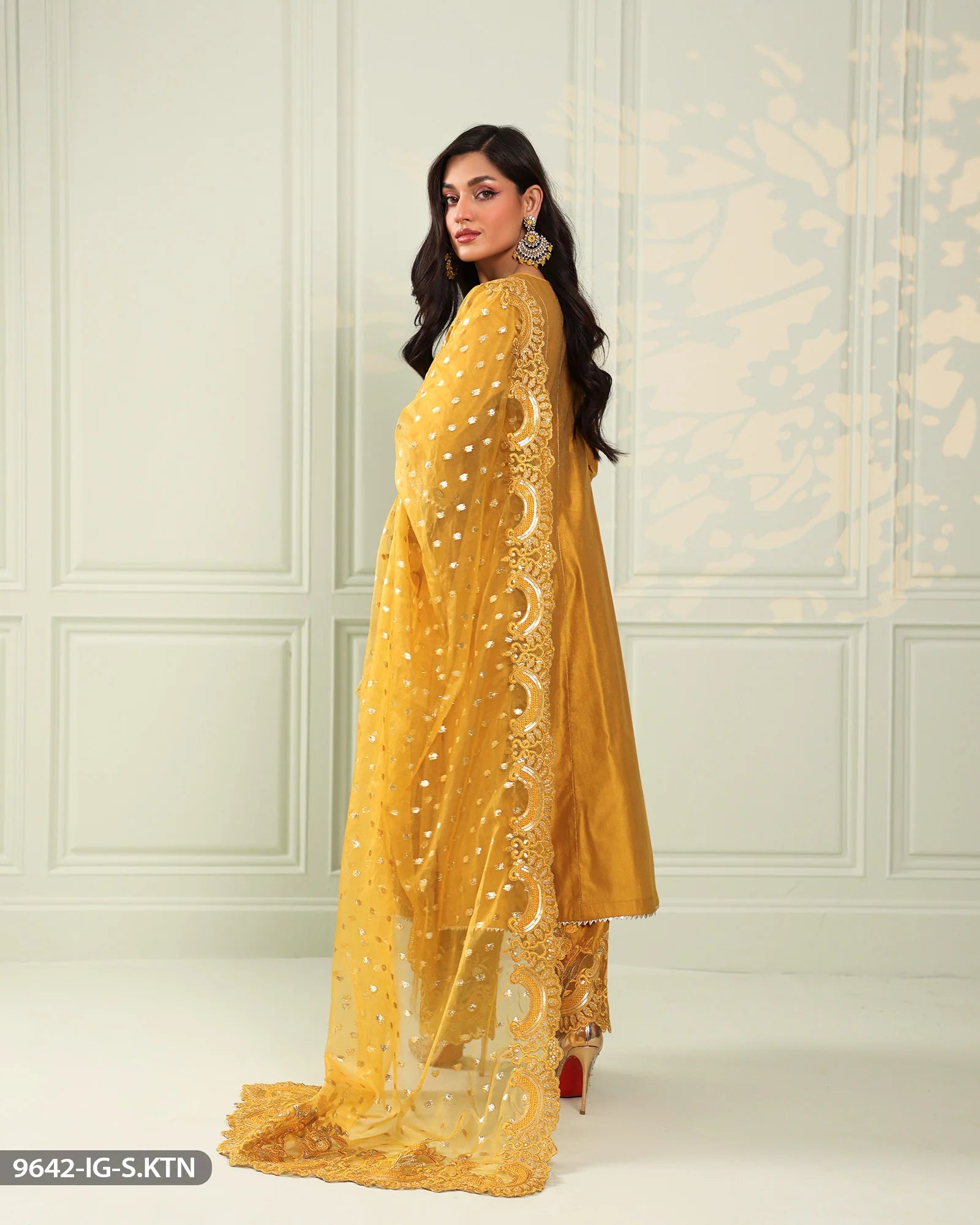 Sha Posh Embroidered Chambray Katan Suit - Mustard