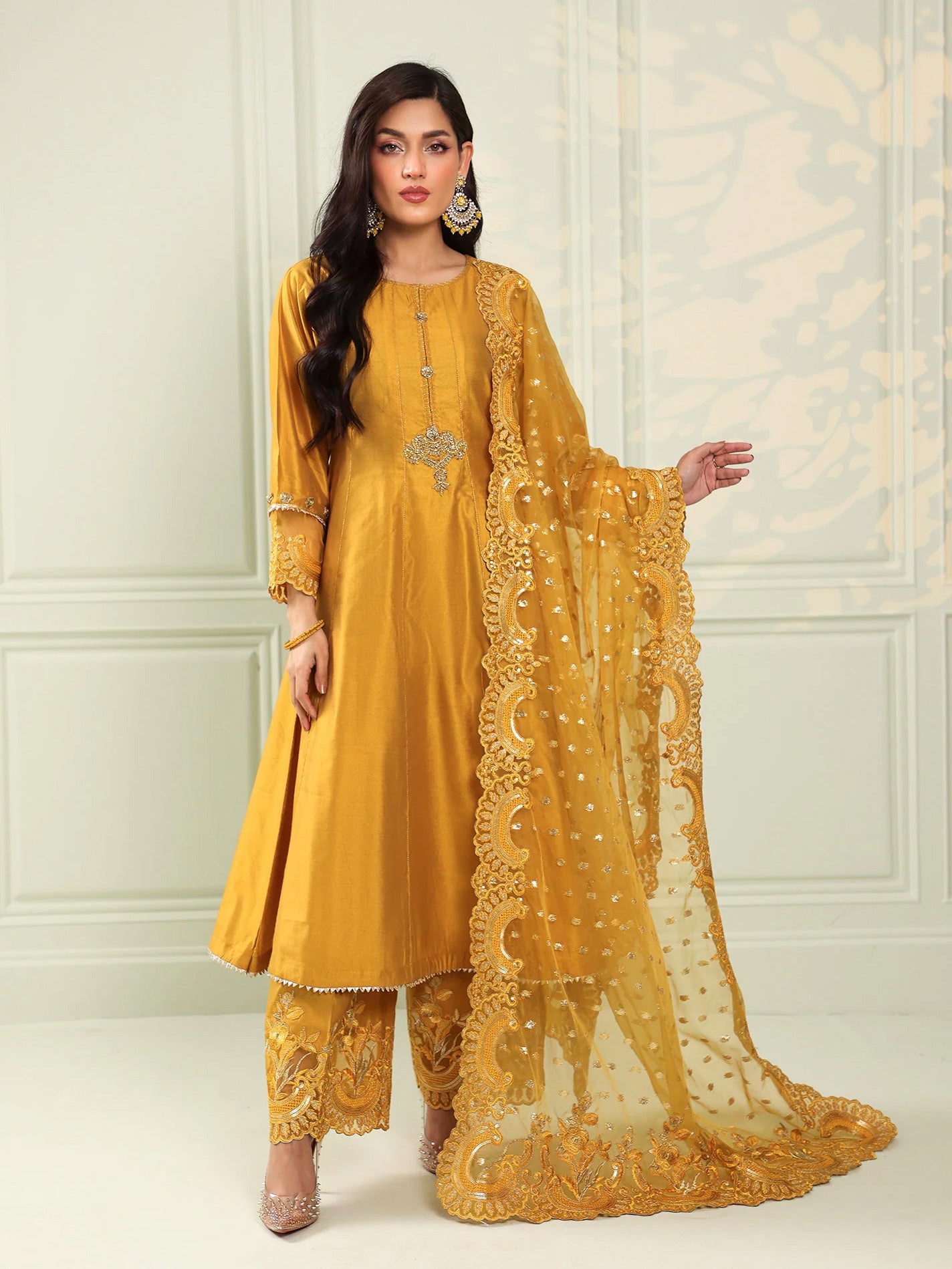 Sha Posh Embroidered Chambray Katan Suit - Mustard