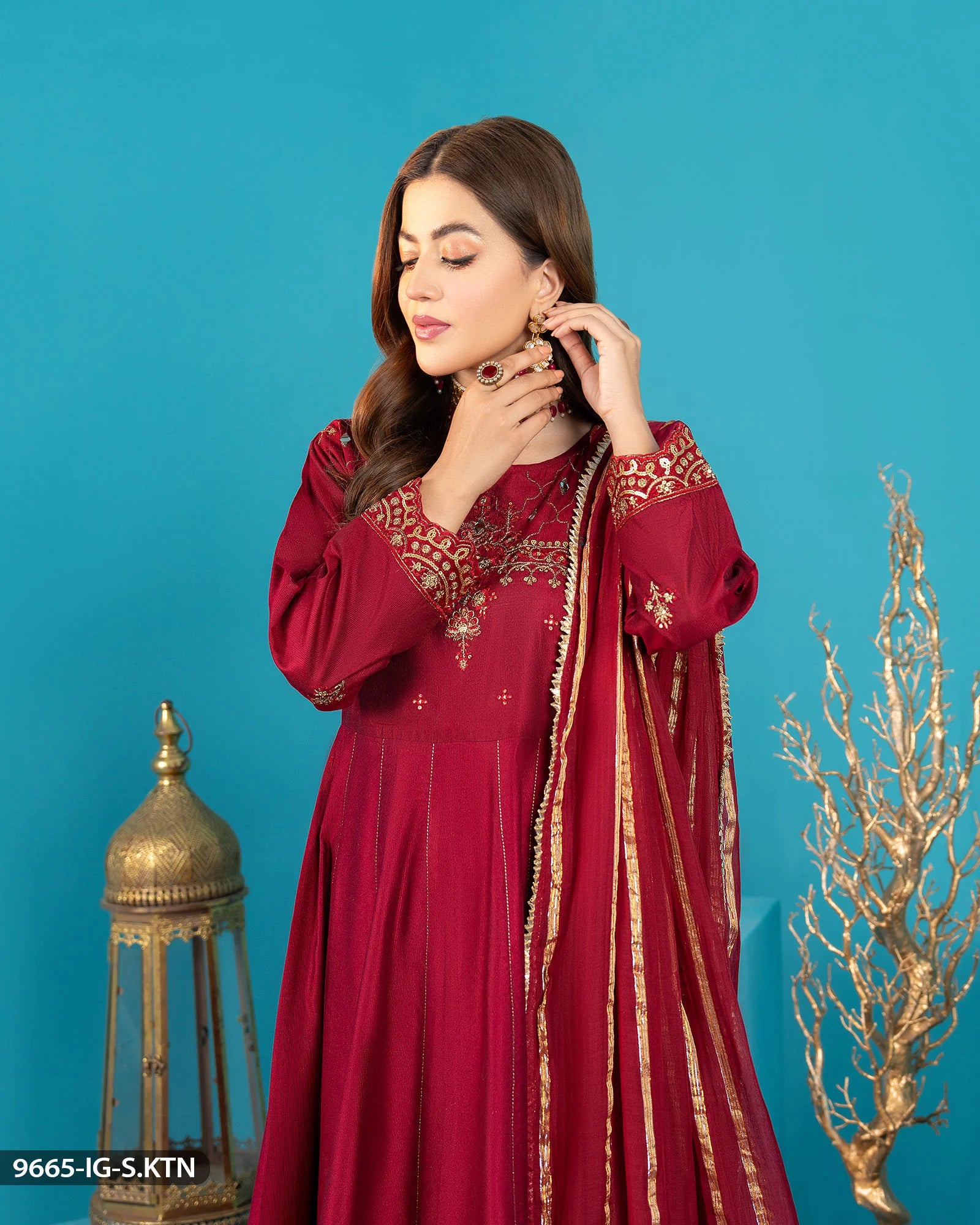 Sha Posh Chambray Katan Frock & Sharara Suit - Maroon