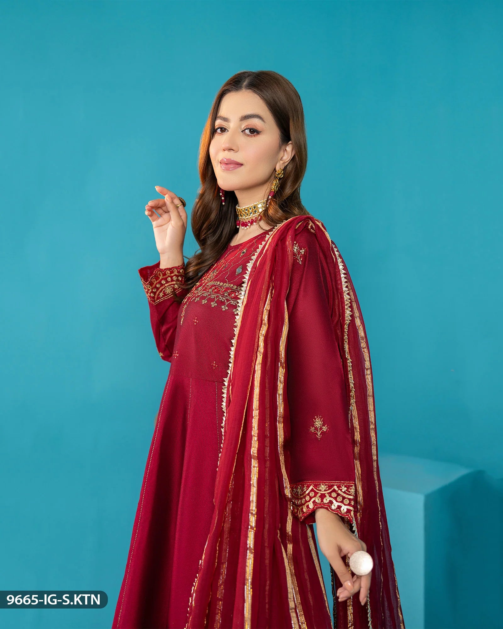 Sha Posh Chambray Katan Frock & Sharara Suit - Maroon