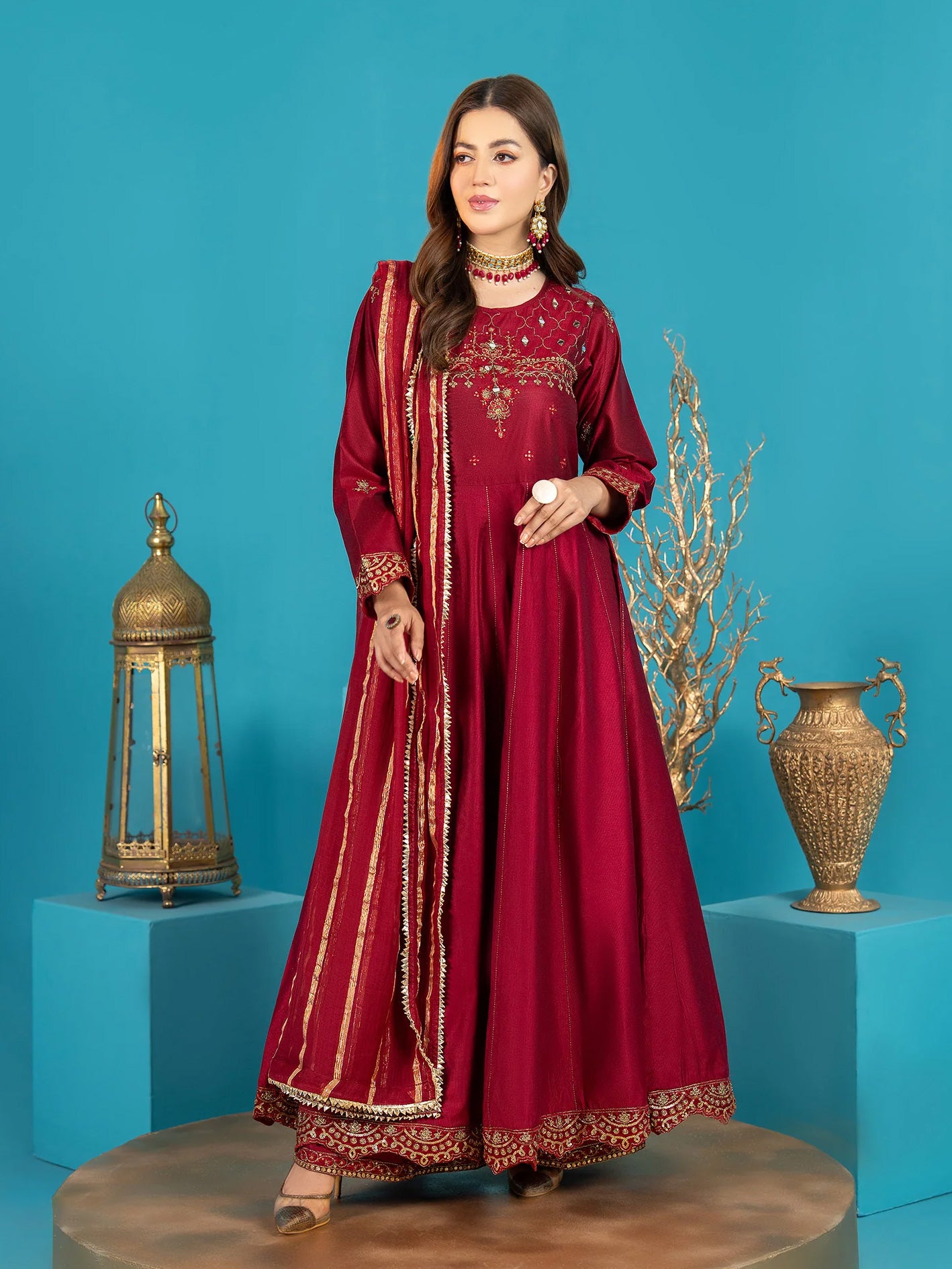 Sha Posh Chambray Katan Frock & Sharara Suit - Maroon