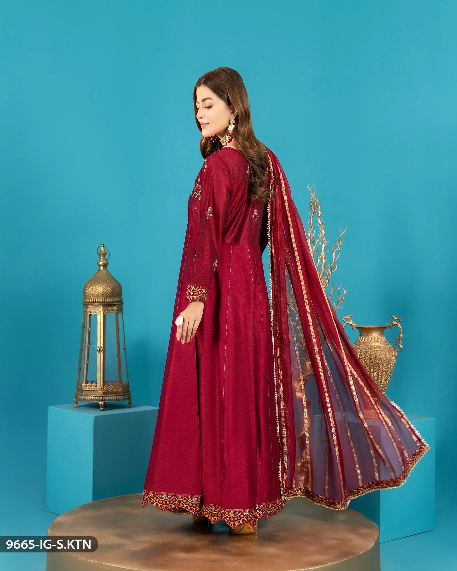 Sha Posh Chambray Katan Frock & Sharara Suit - Maroon