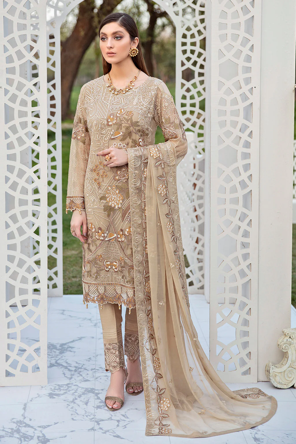 Ramsha Luxury Embroidered Chiffon Suit - Beige