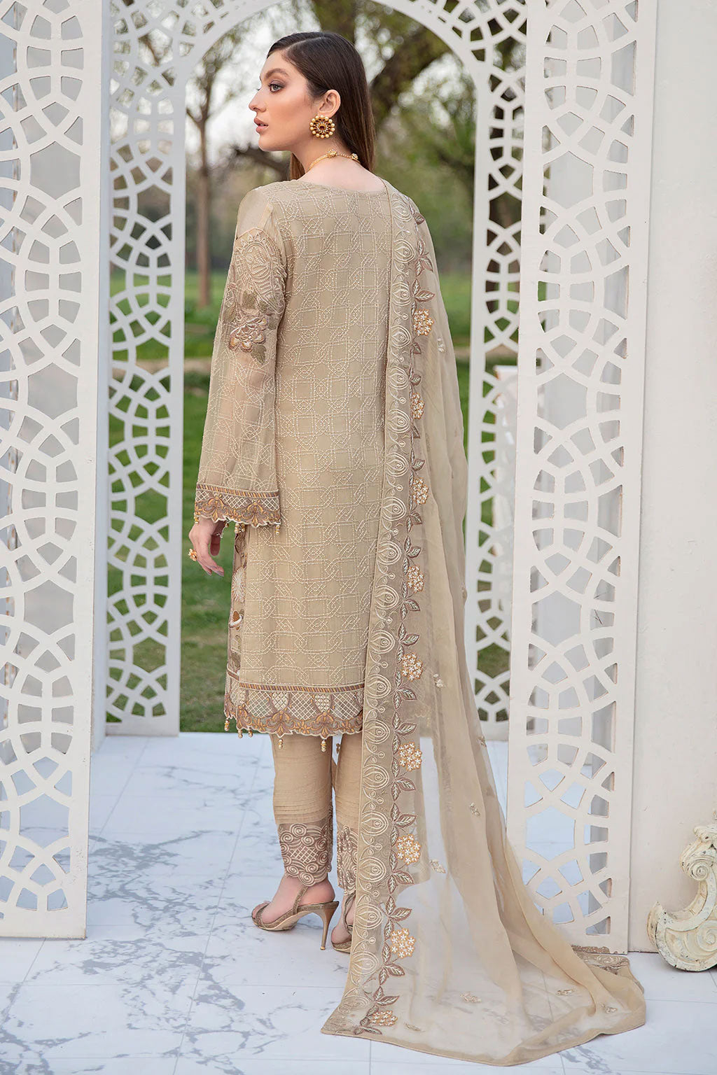 Ramsha Luxury Embroidered Chiffon Suit - Beige