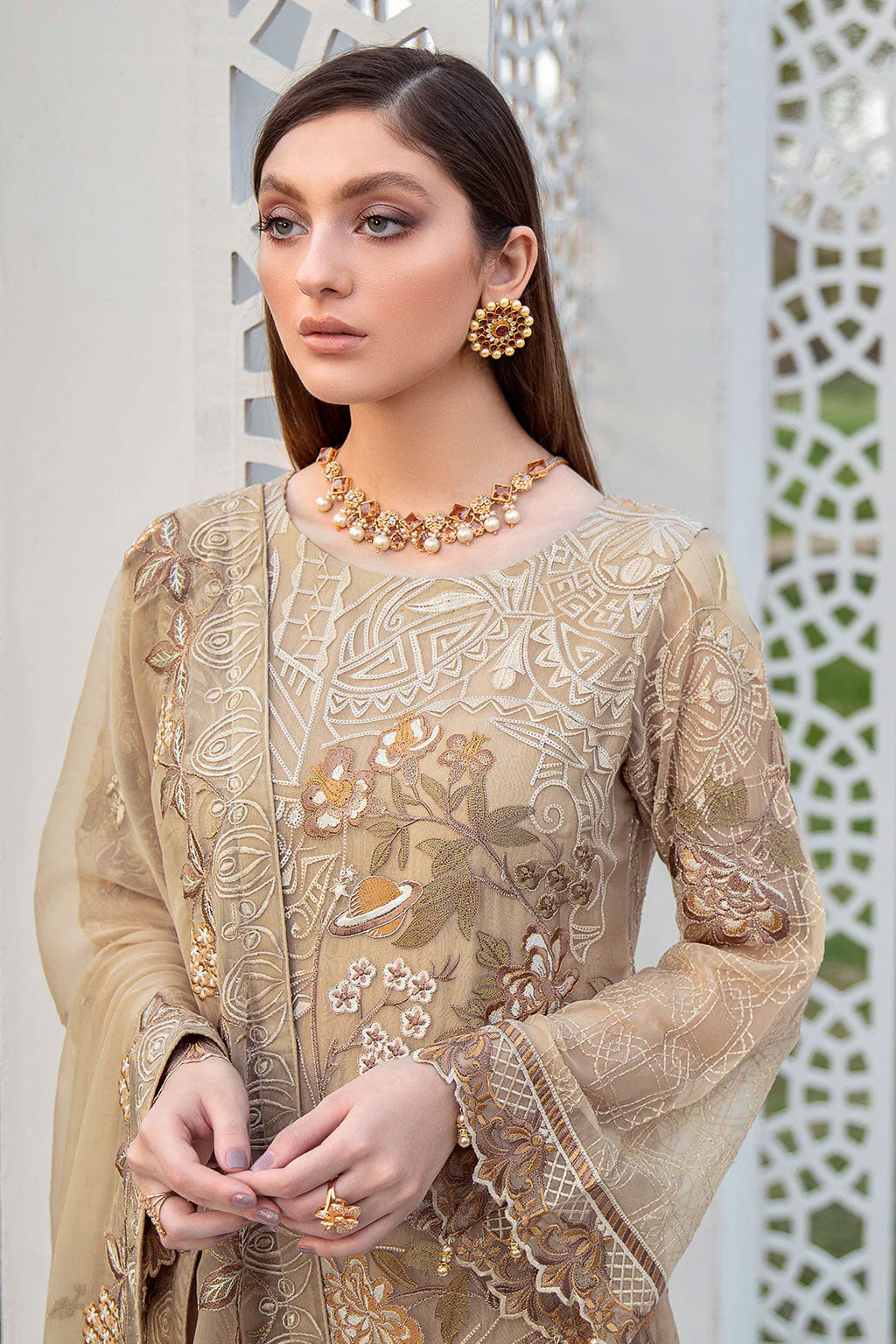 Ramsha Luxury Embroidered Chiffon Suit - Beige