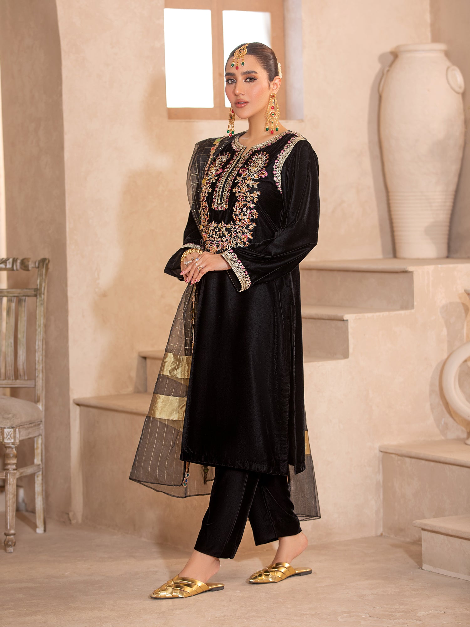 Heera's Black Embroidered Velvet 3-Piece Suit