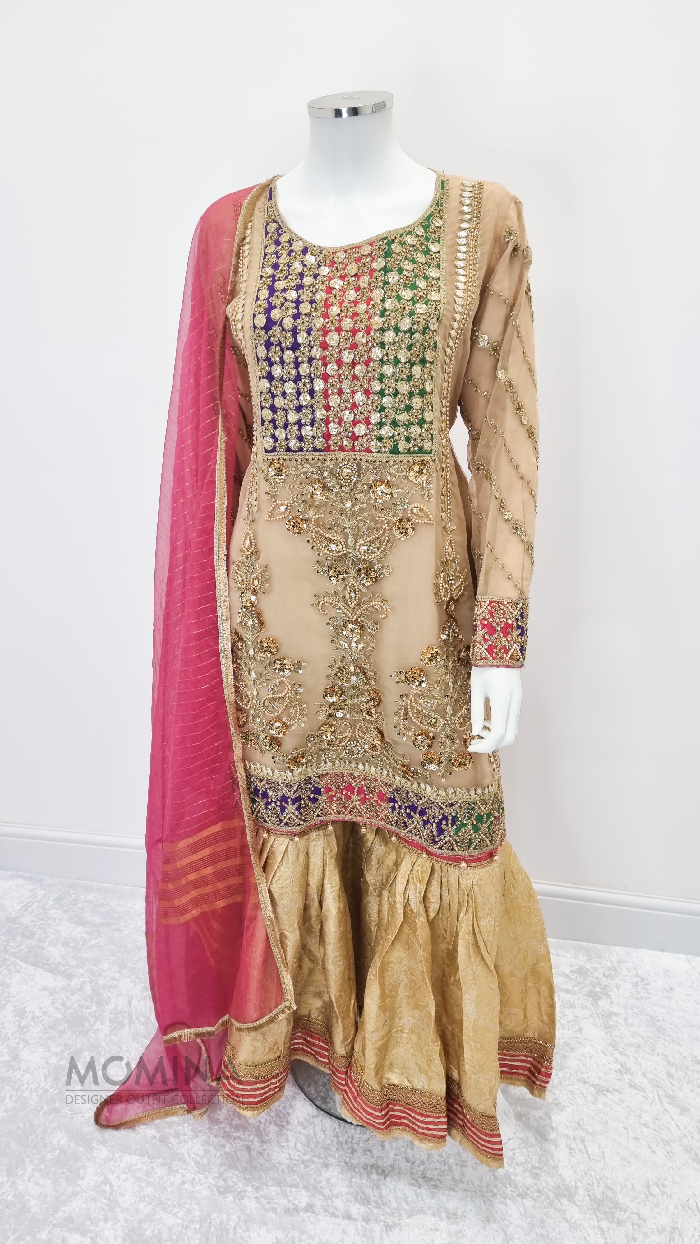 Beige Organza Heavy Embroidered 3-Piece Suit with Gharara