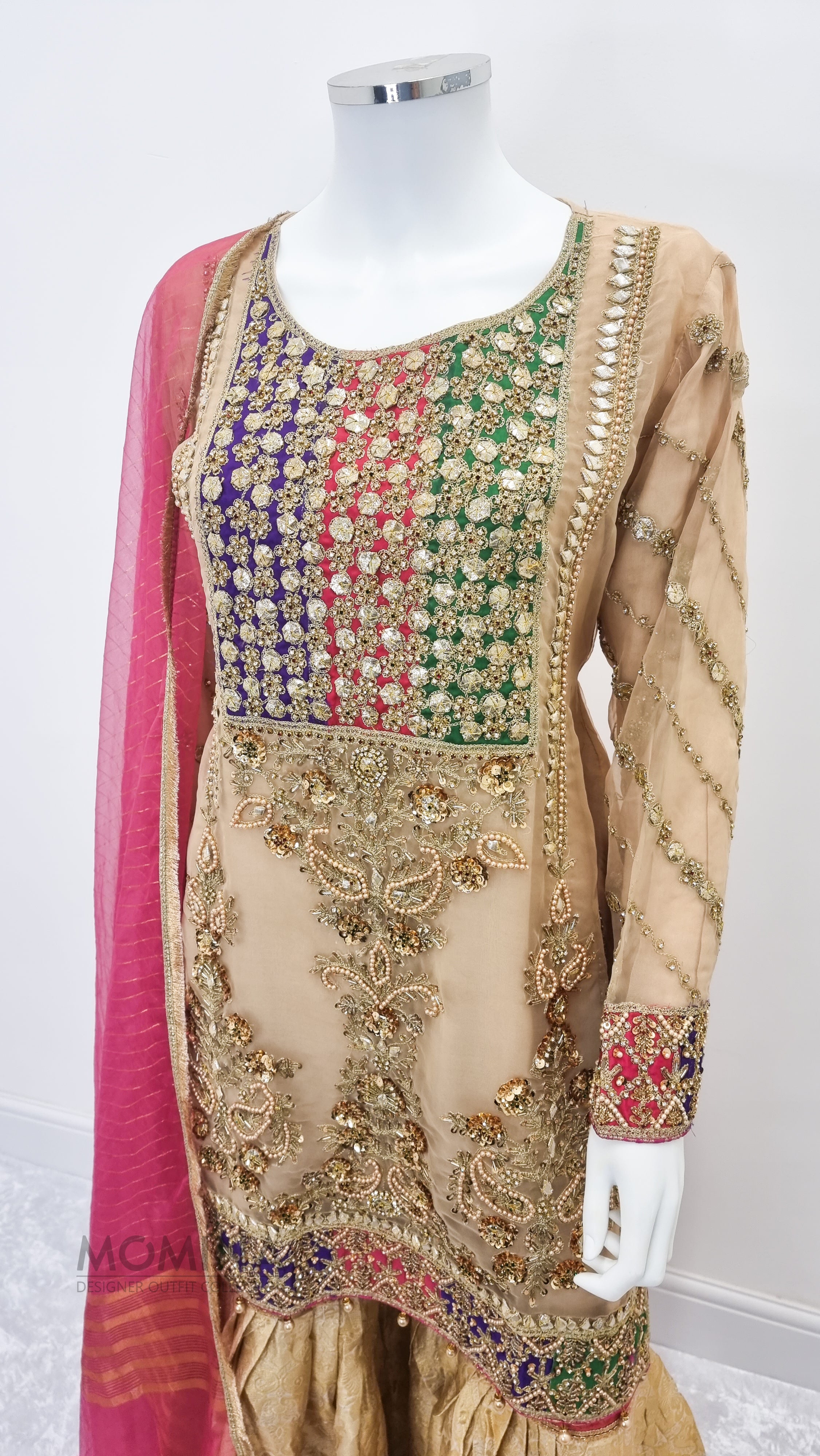 Beige Organza Heavy Embroidered 3-Piece Suit with Gharara