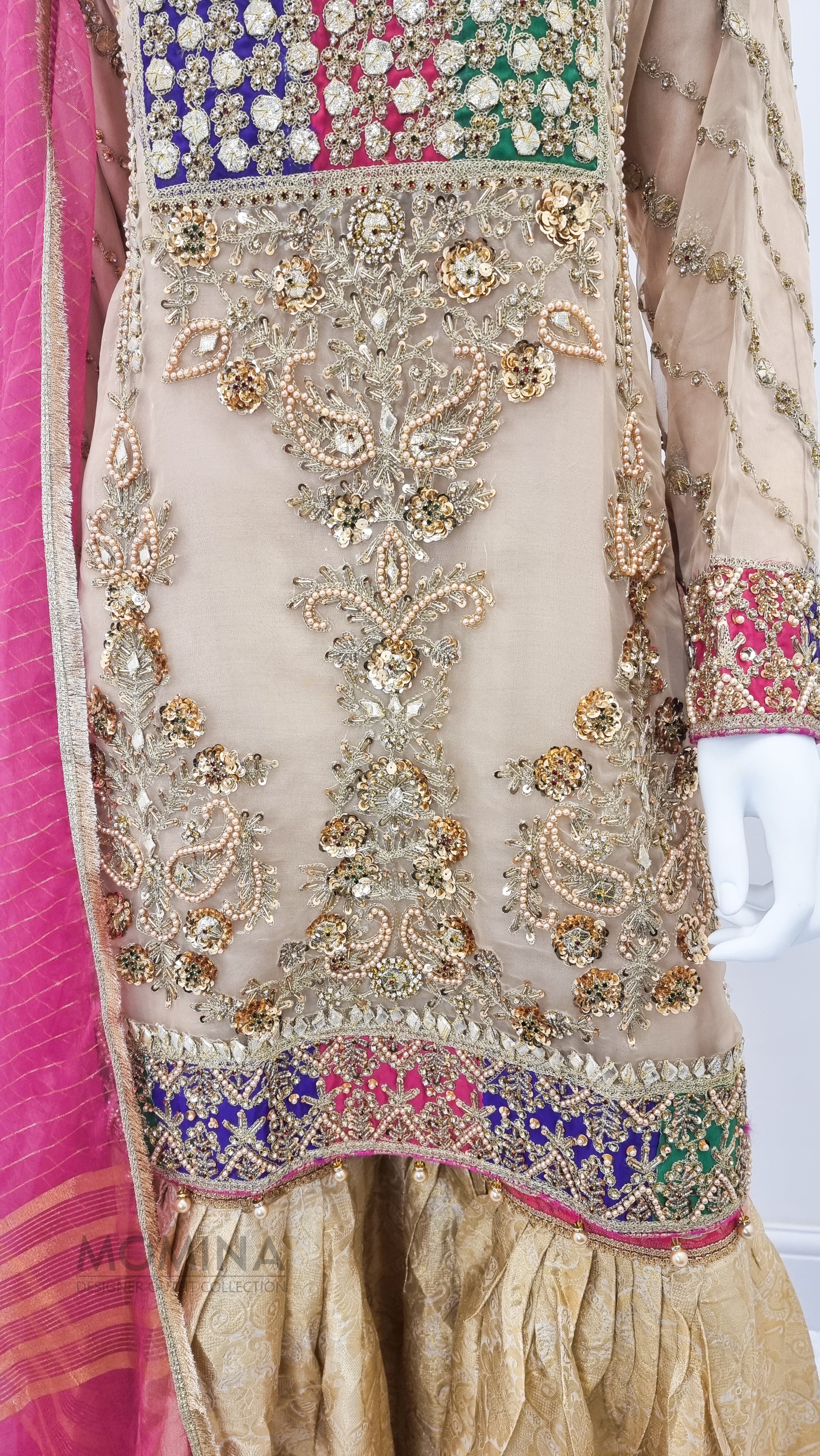 Beige Organza Heavy Embroidered 3-Piece Suit with Gharara