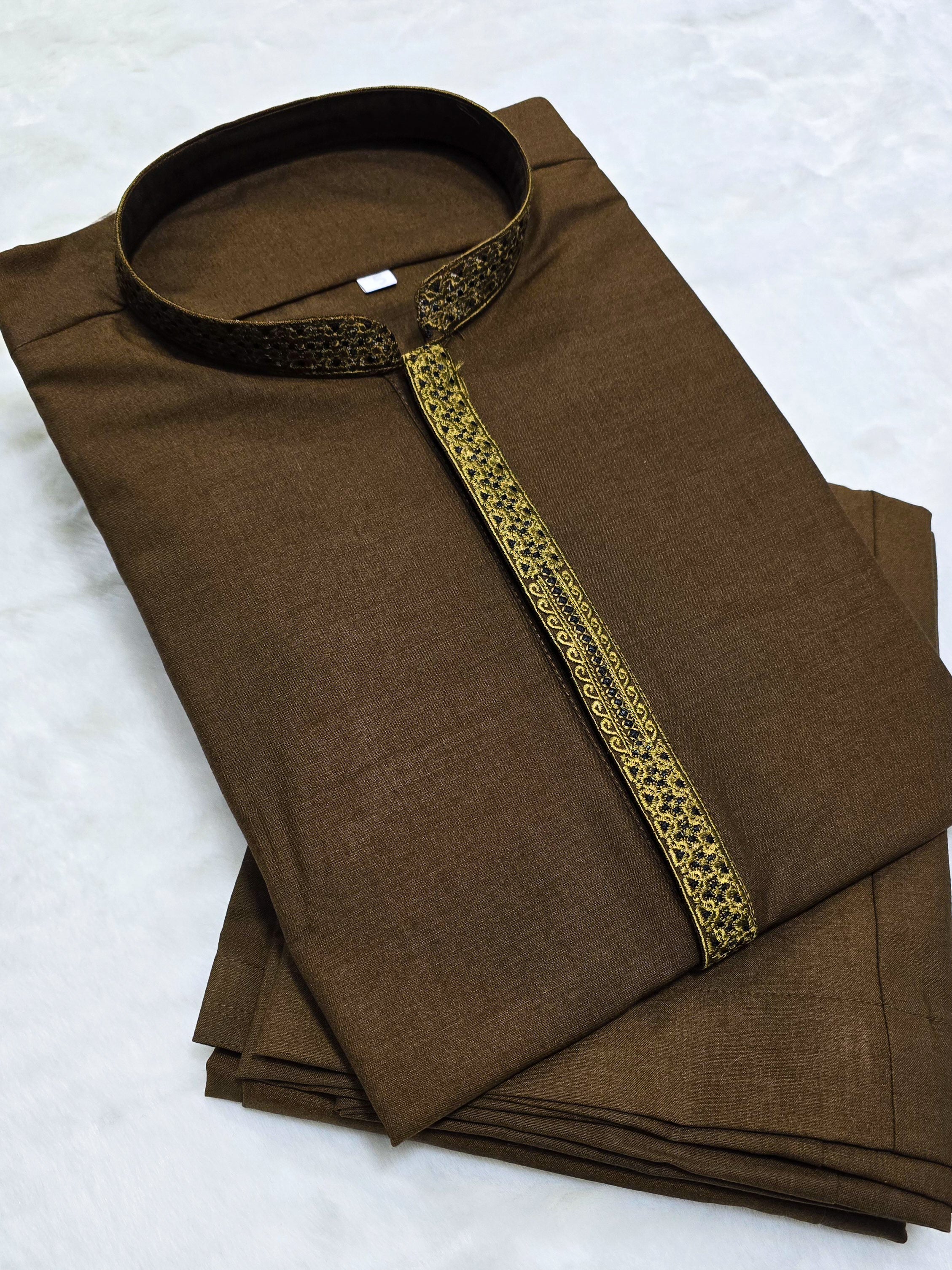 Mens Semi-Formal 2-Piece Kurta Shalwar - Brown