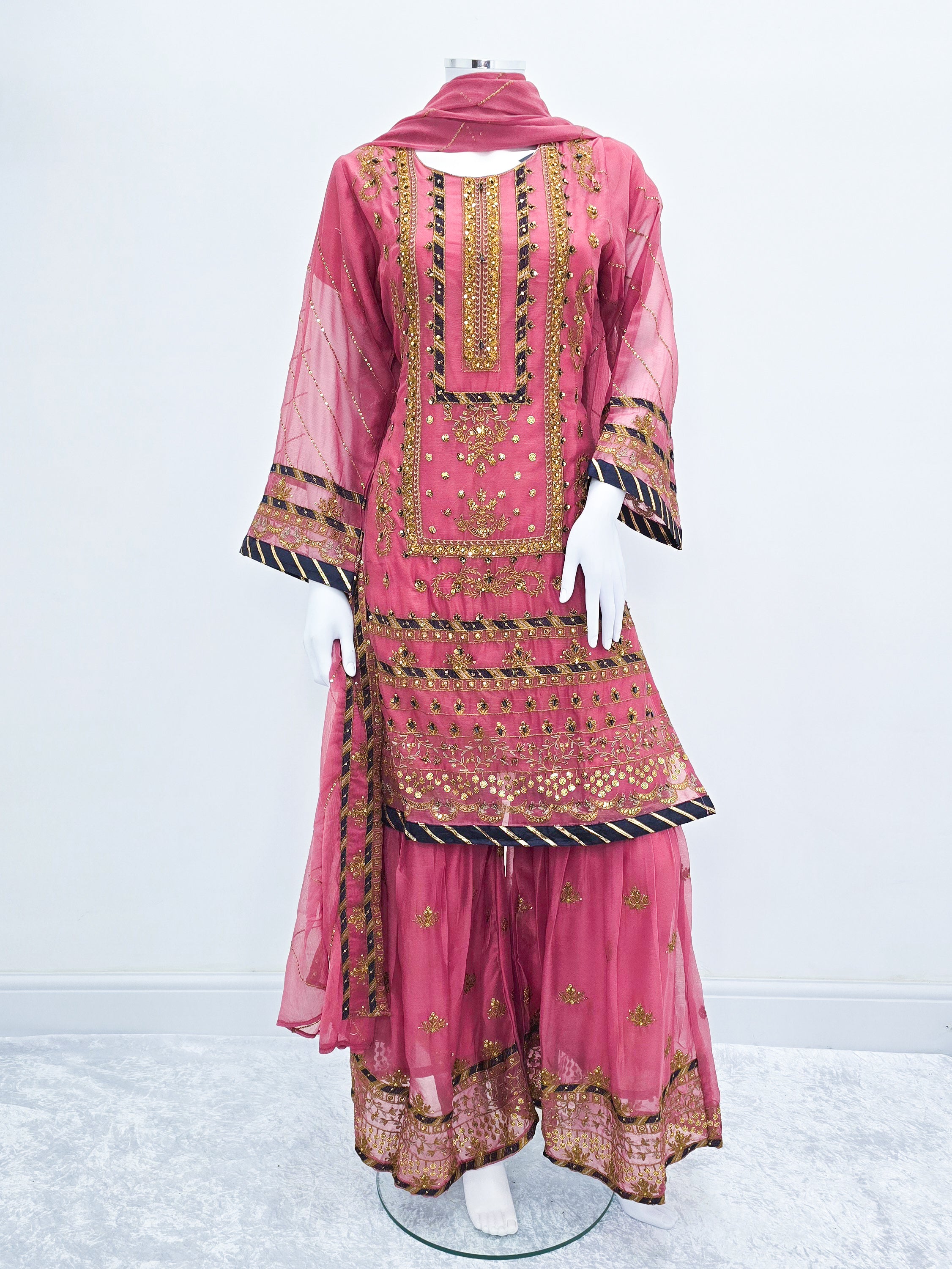 Pink Embroidered Chiffon Suit with Gharara