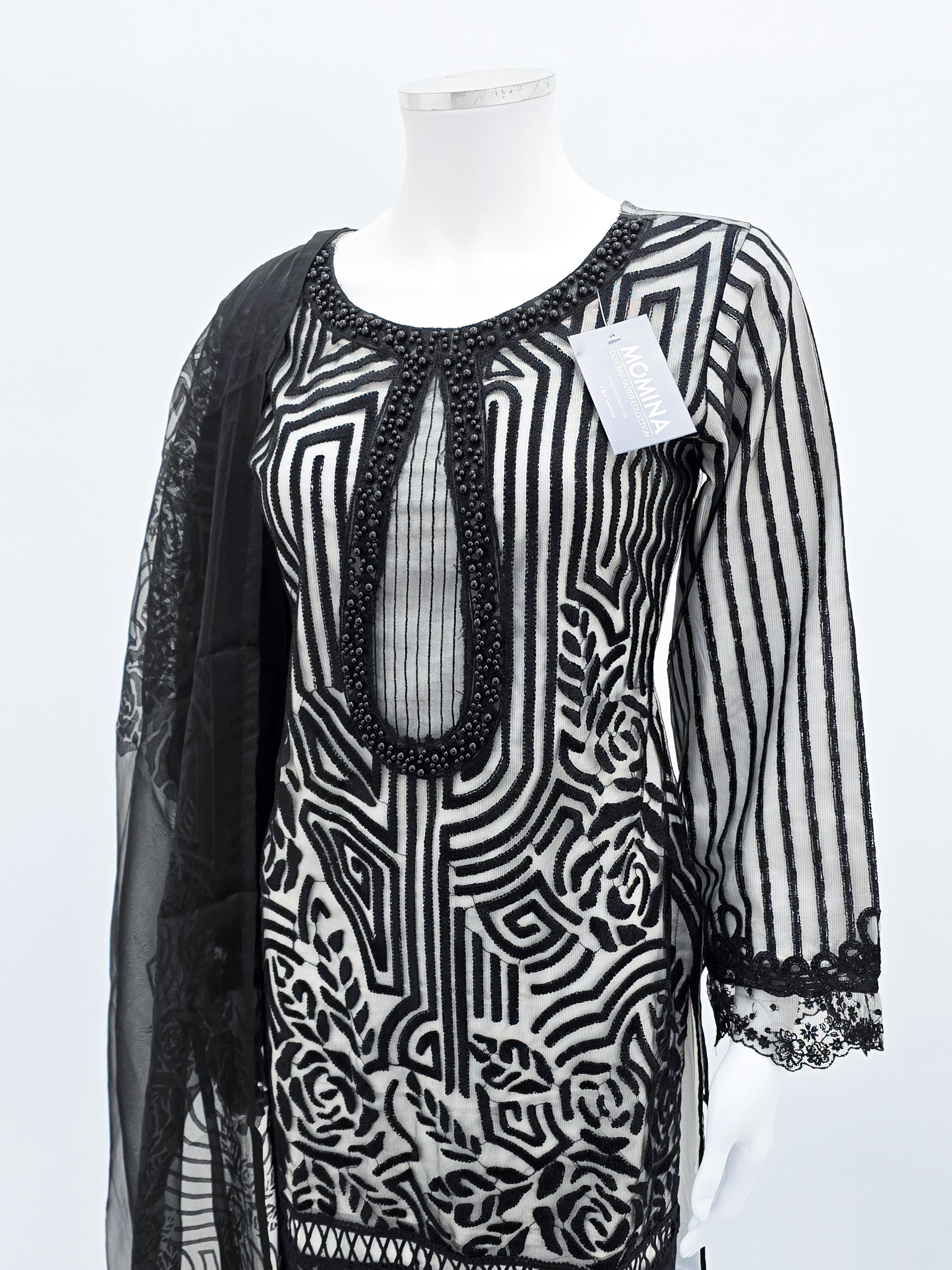 Black & White Embroidered Soft Net Suit with Palazzo