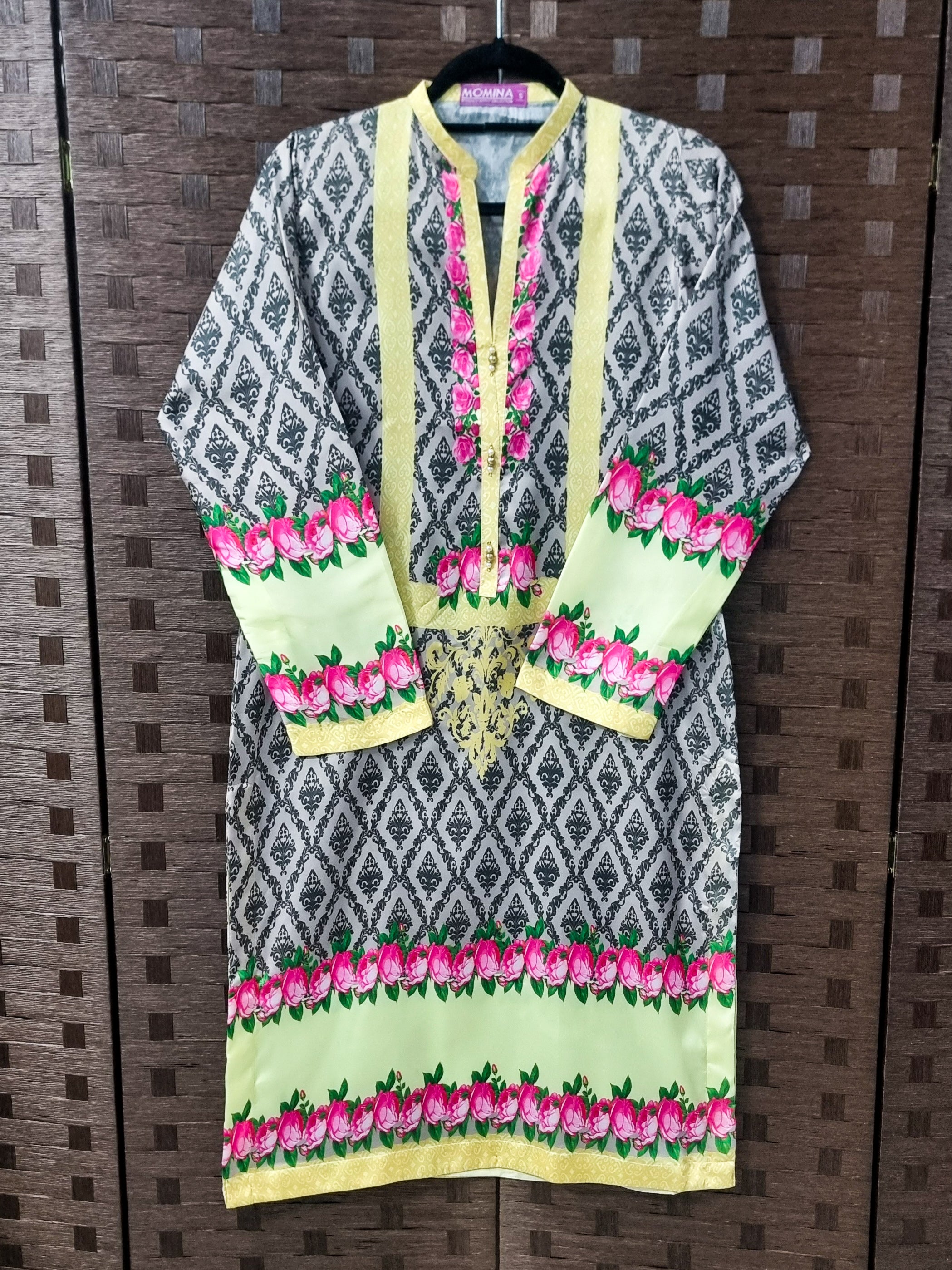 Printed Silk Kurta Shirt - Black & Lime