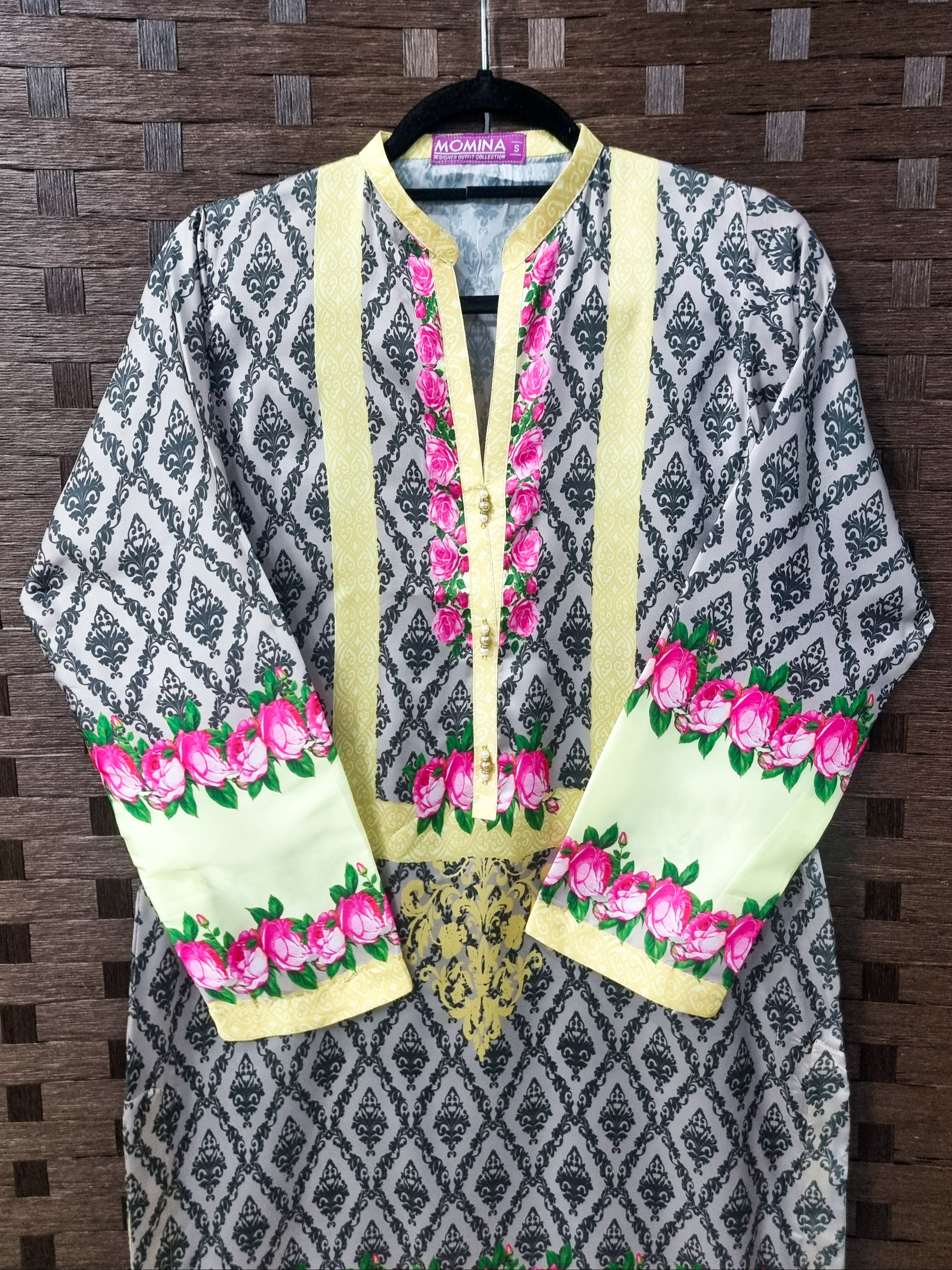 Printed Silk Kurta Shirt - Black & Lime