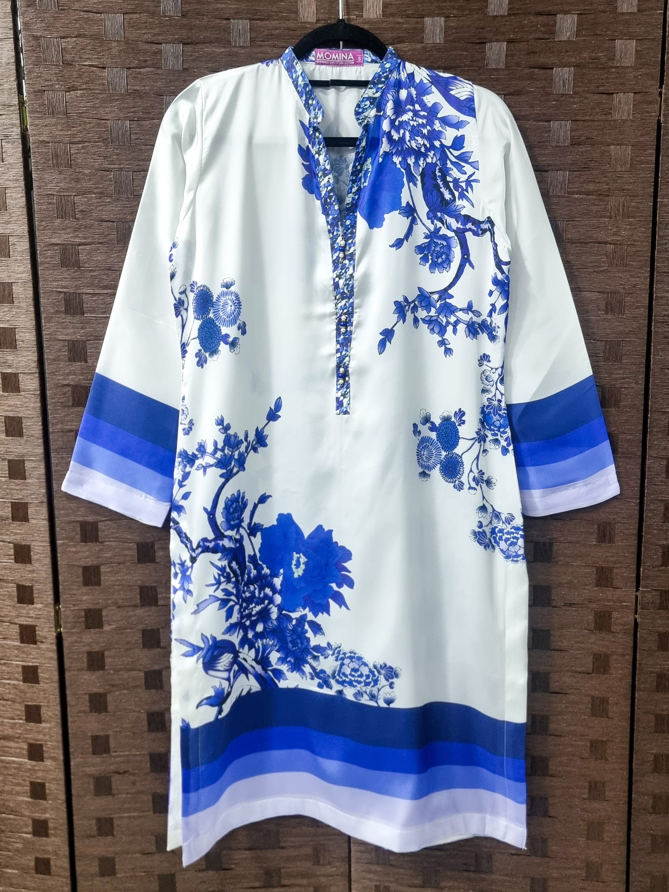 Printed Silk Kurta Shirt - White & Blue