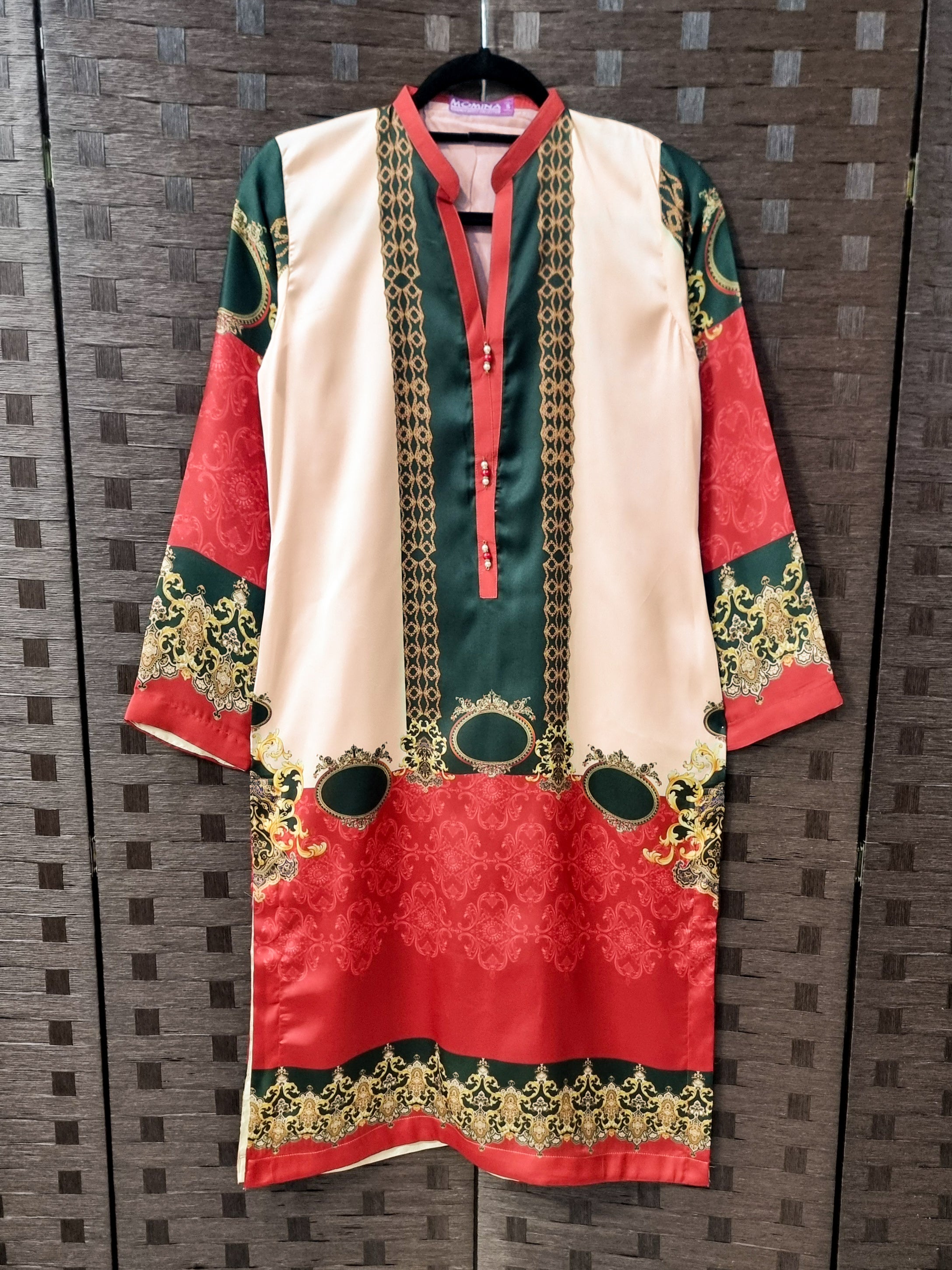 Printed Silk Kurta Shirt - Red & Peach