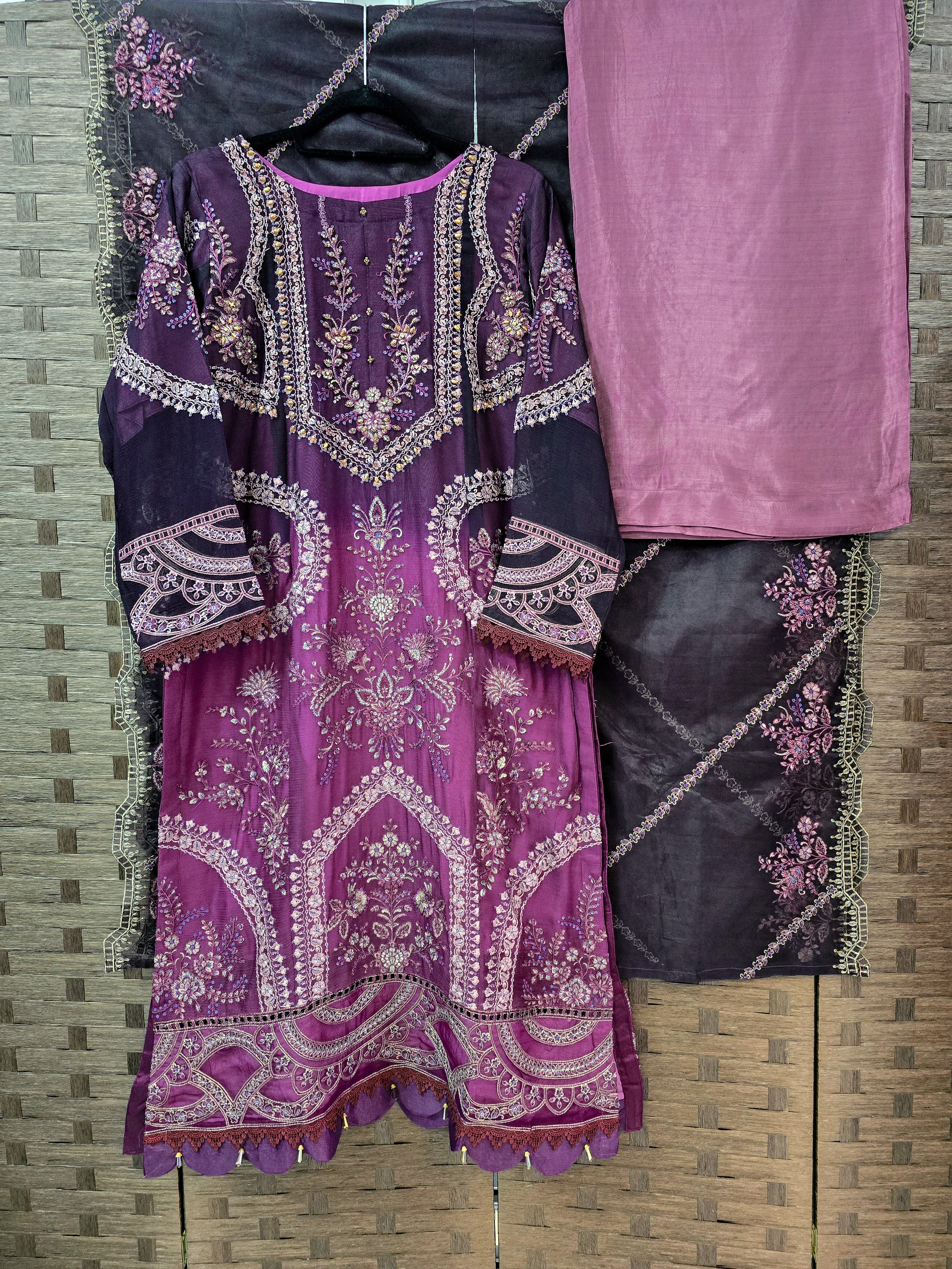 Plum Heavy Embroidered Shaded Chiffon Suit with Silk Trouser