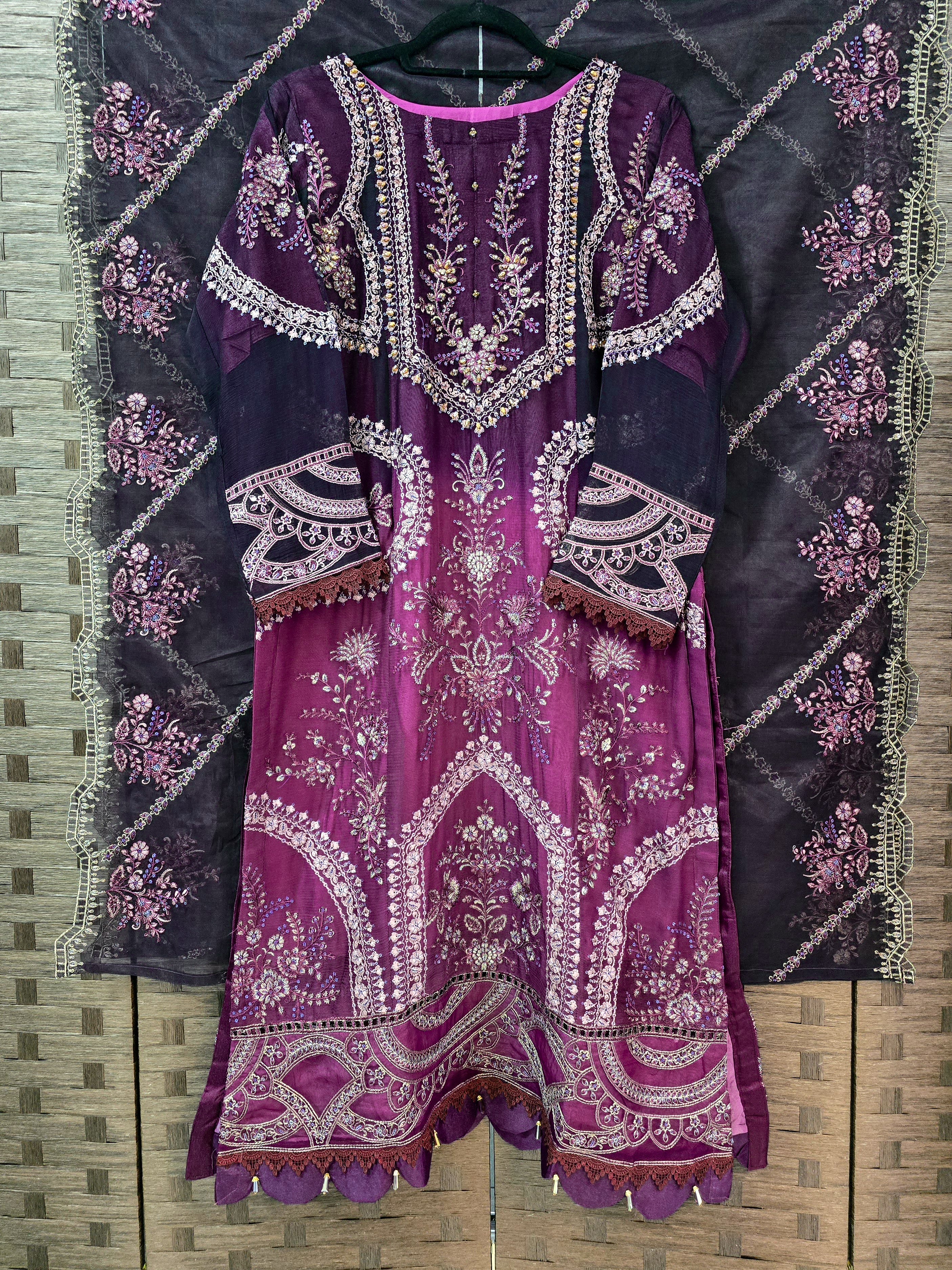 Plum Heavy Embroidered Shaded Chiffon Suit with Silk Trouser