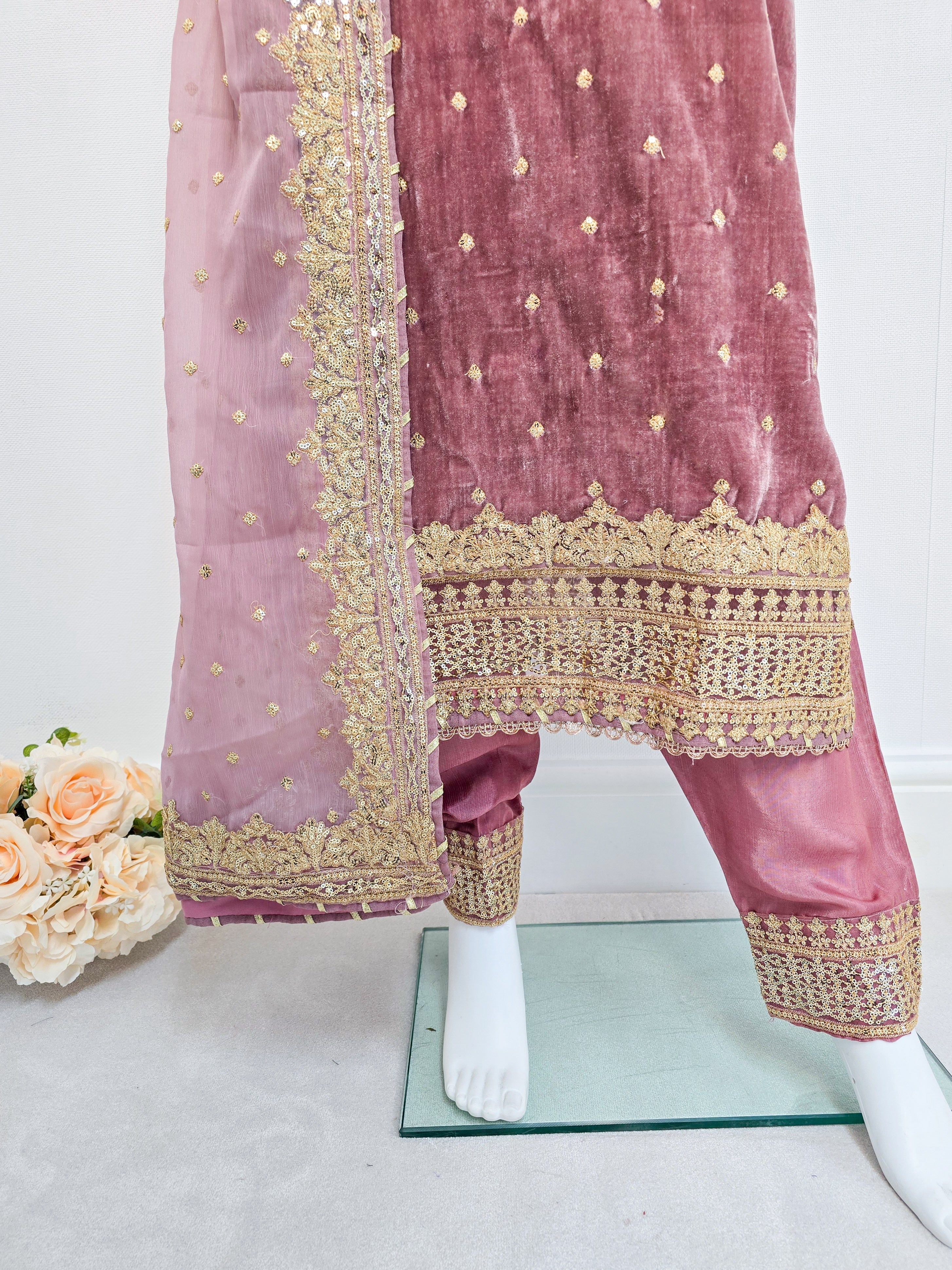 Dusky Pink Embroidered Velvet Long Length 3-Piece Suit