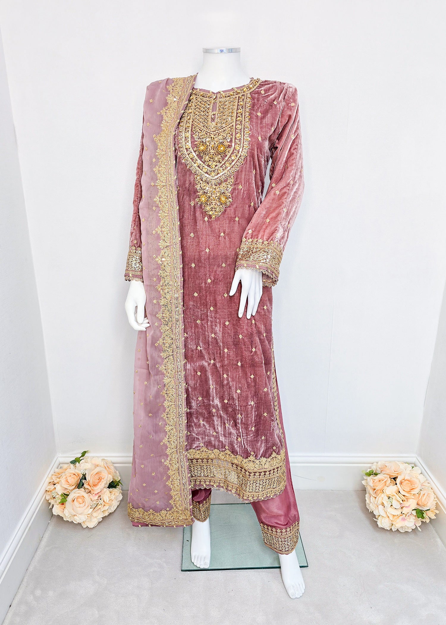 Dusky Pink Embroidered Velvet Long Length 3-Piece Suit