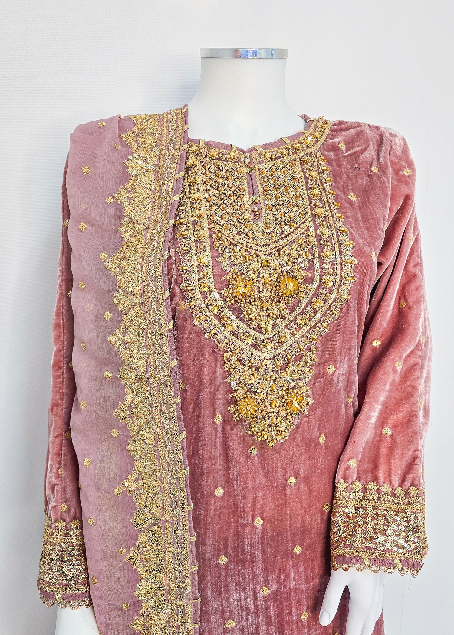 Dusky Pink Embroidered Velvet Long Length 3-Piece Suit