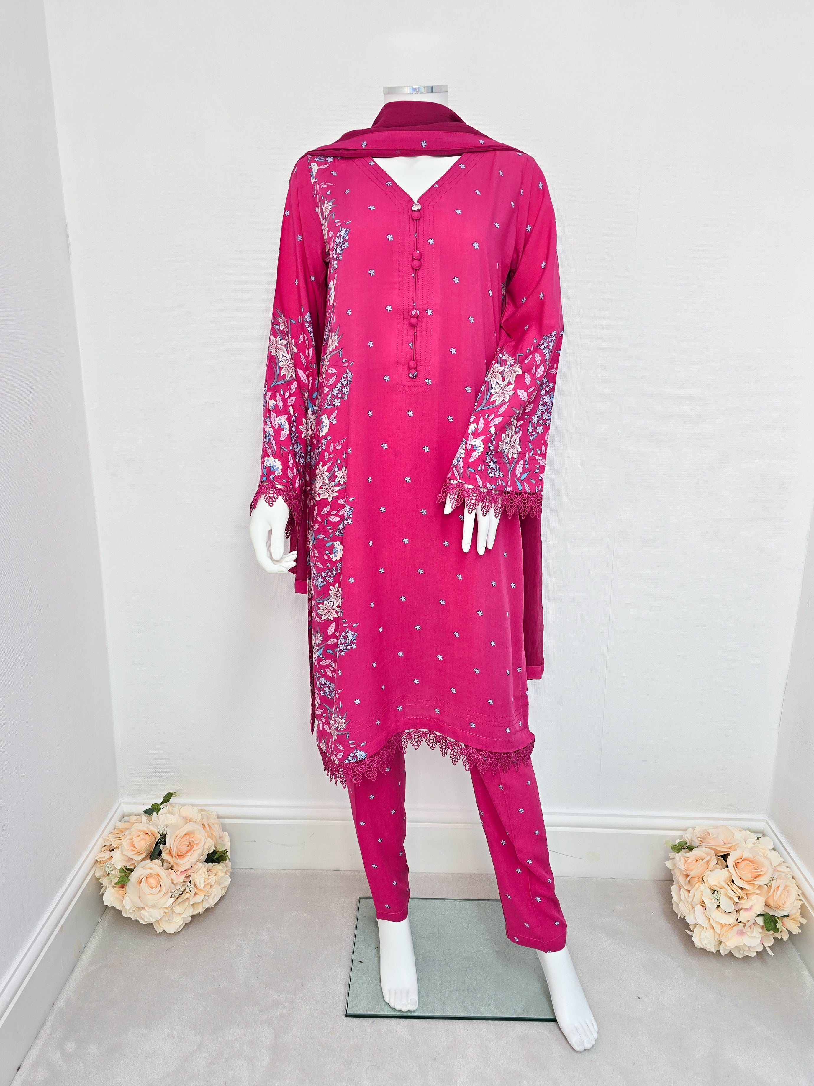 Hot Pink Soft Linen Casual 3-Piece Suit