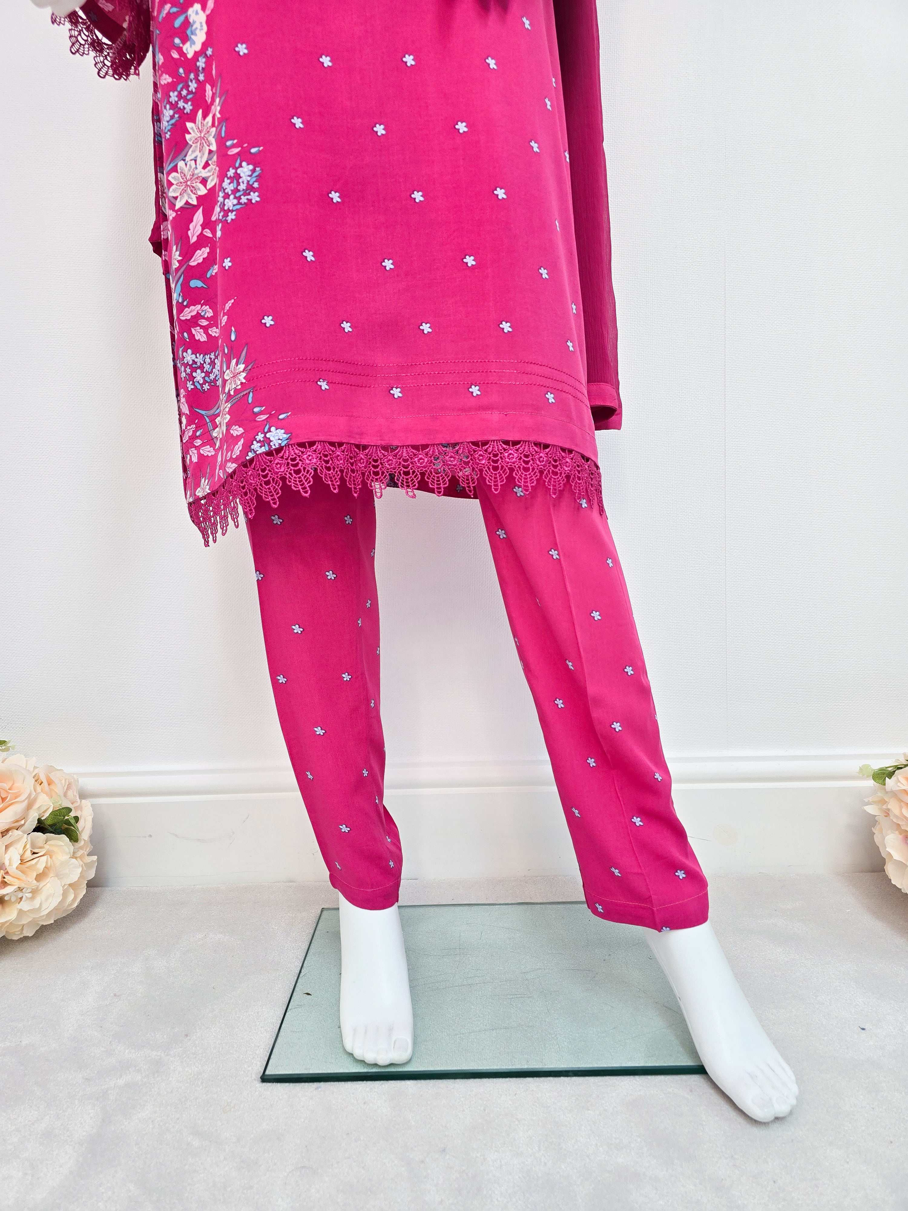 Hot Pink Soft Linen Casual 3-Piece Suit