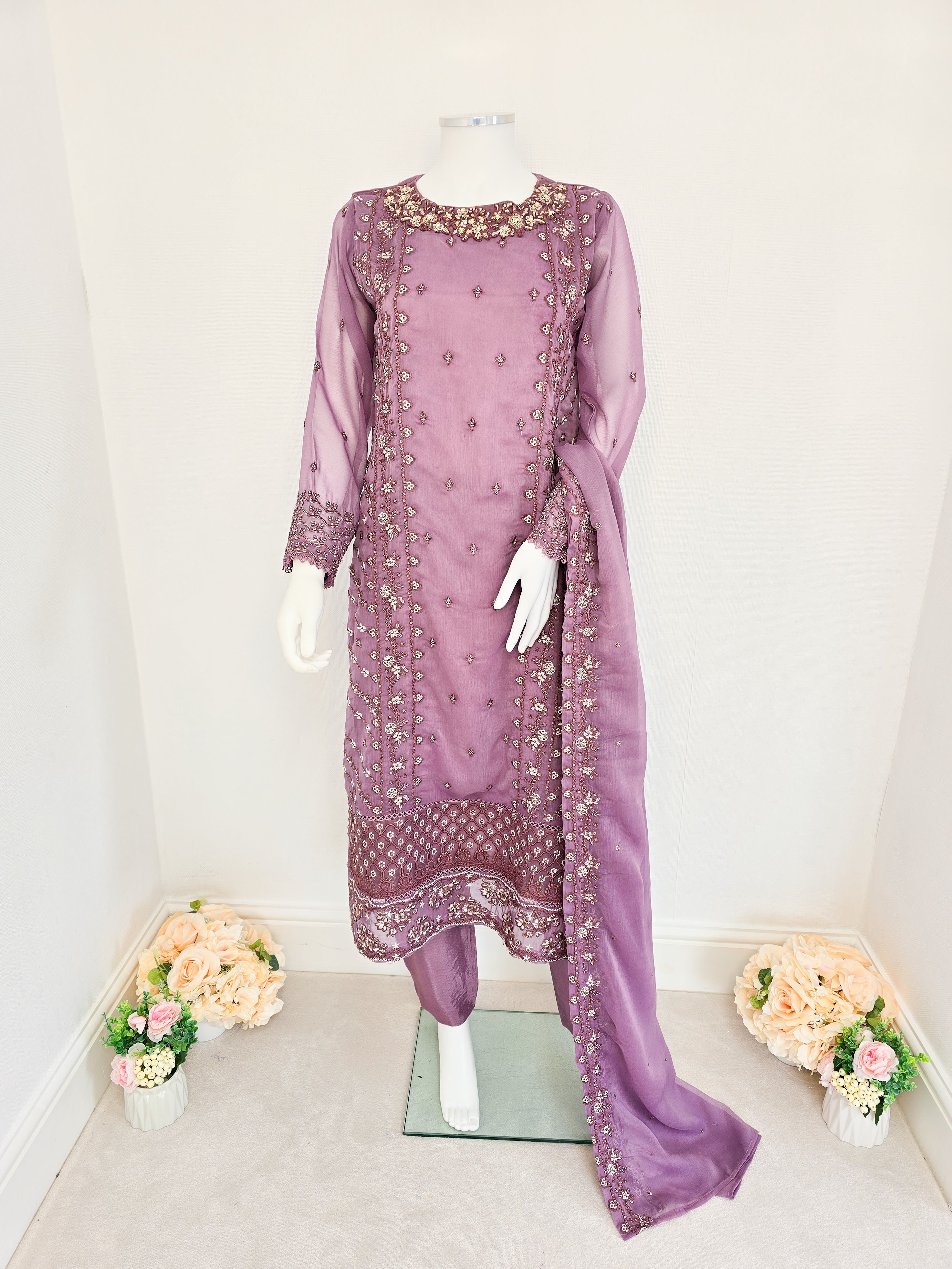 Lilac Chiffon Embroidered Suit