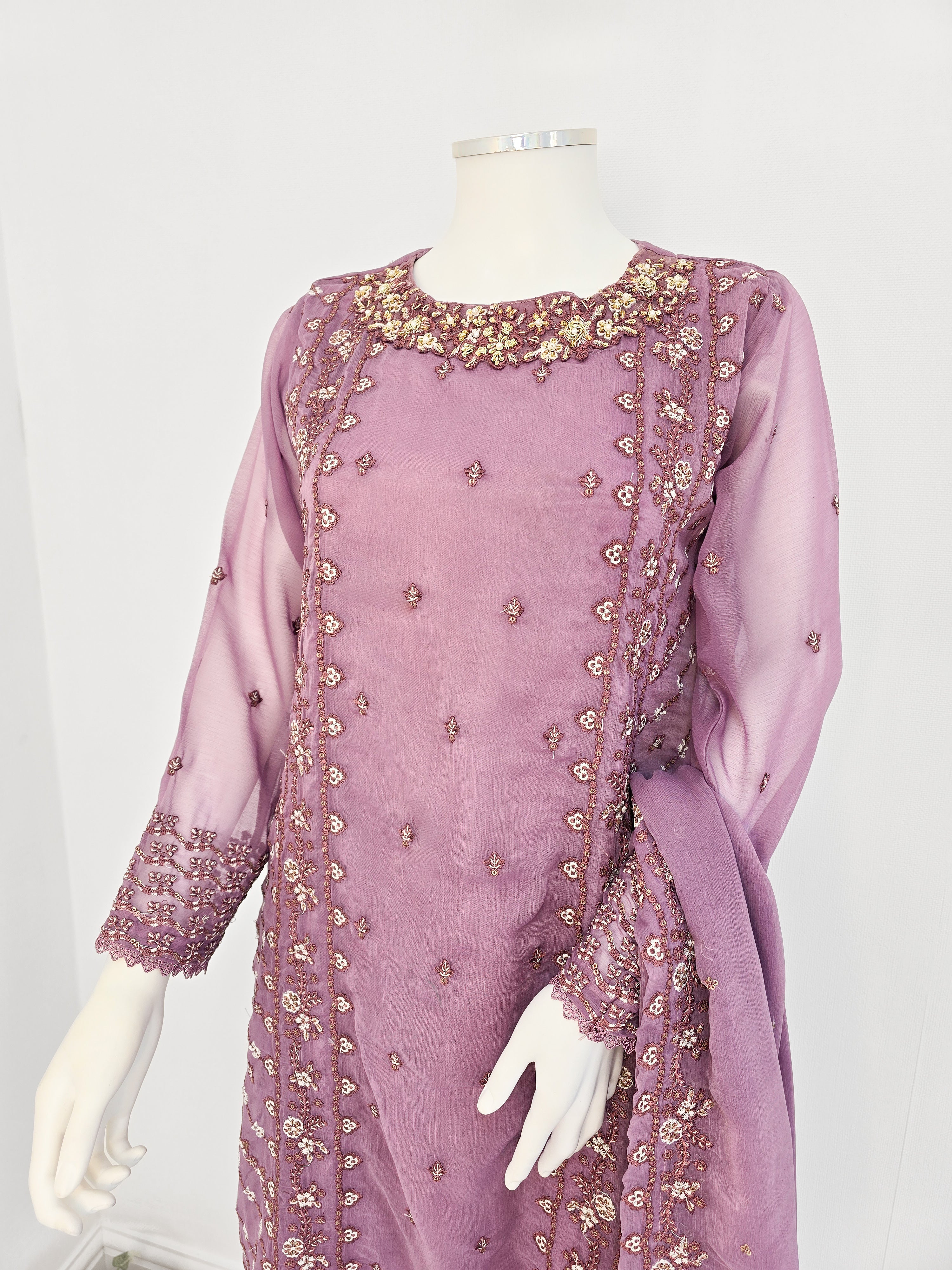 Lilac Chiffon Embroidered Suit