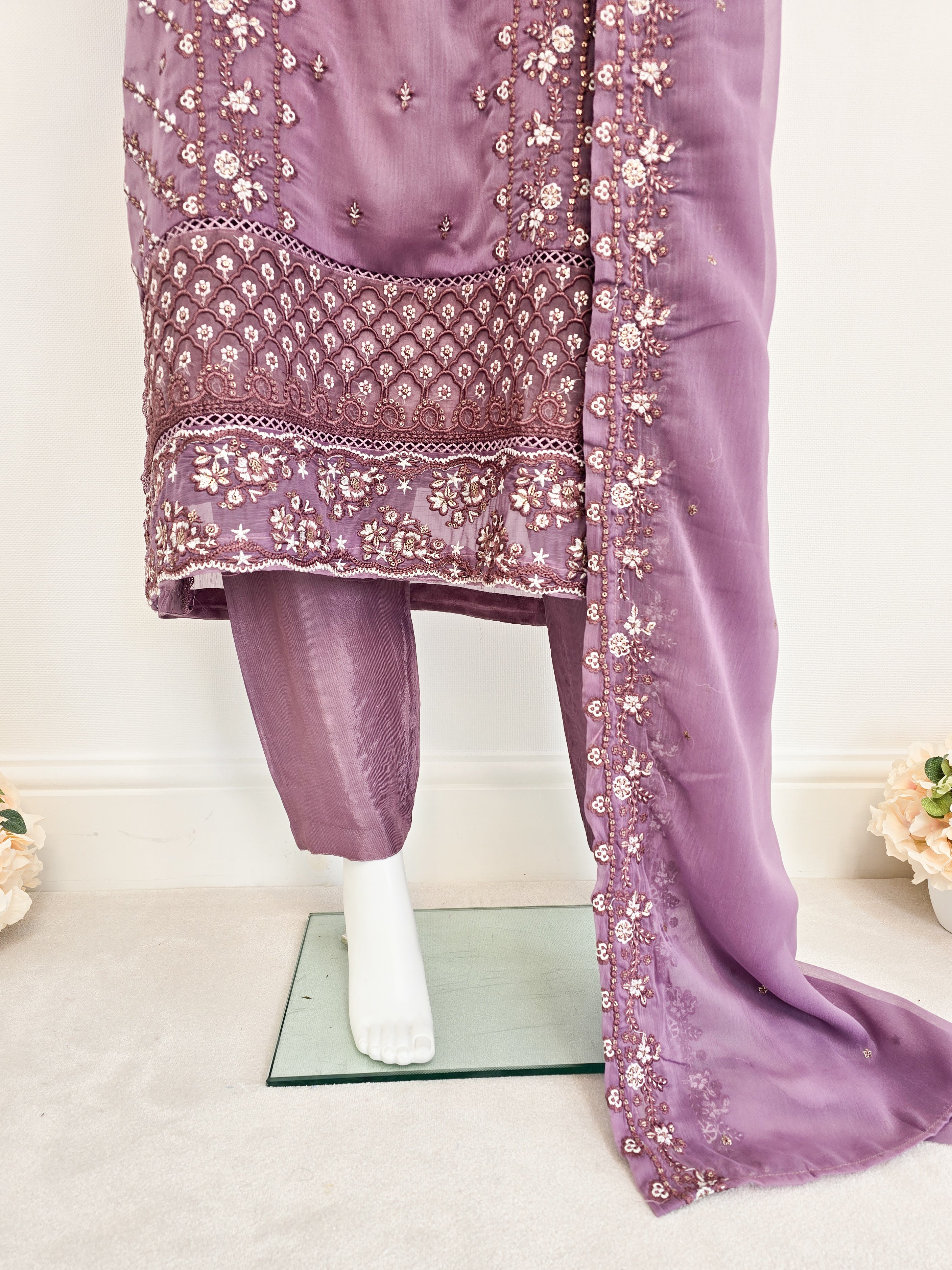 Lilac Chiffon Embroidered Suit