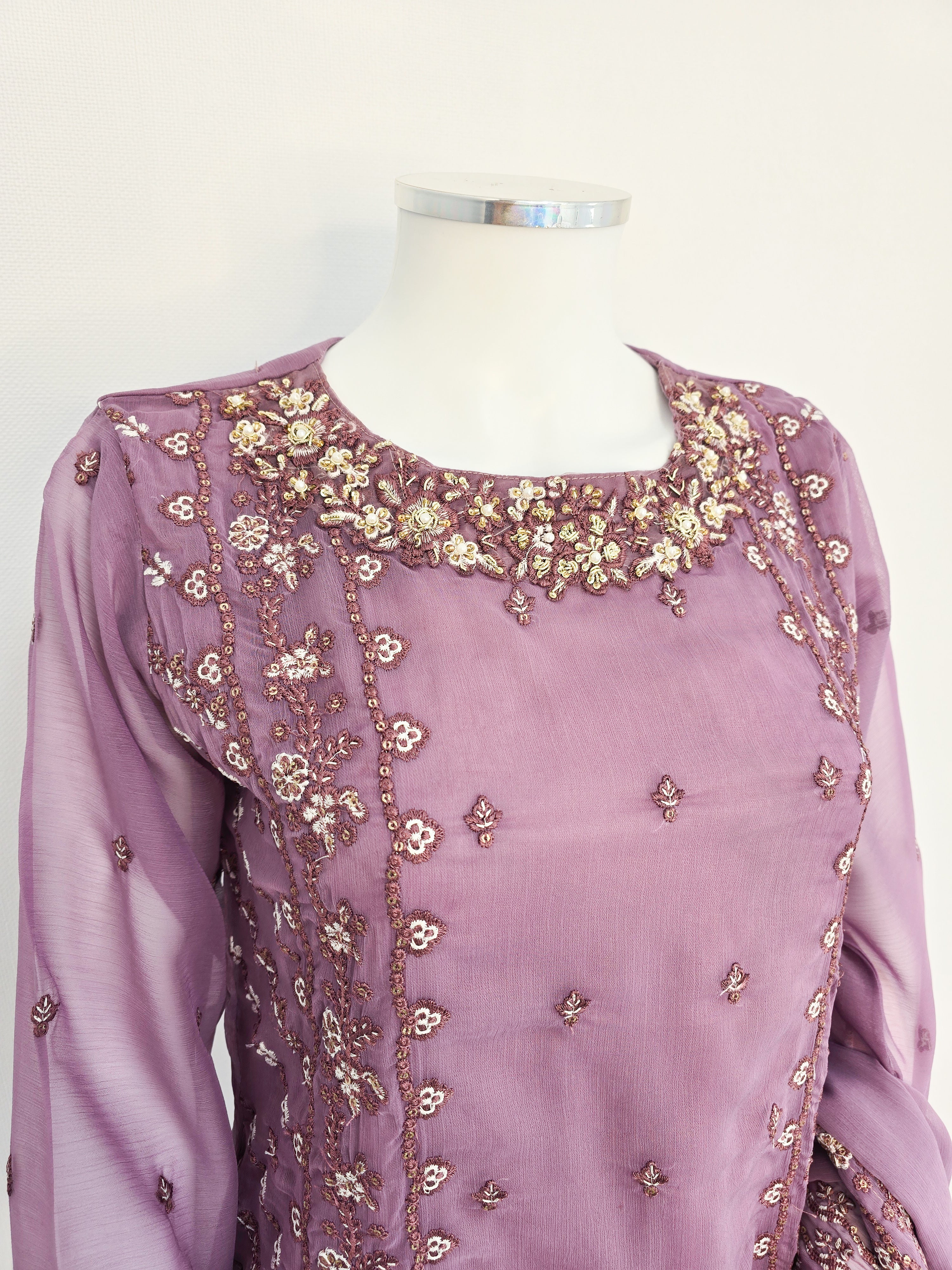 Lilac Chiffon Embroidered Suit