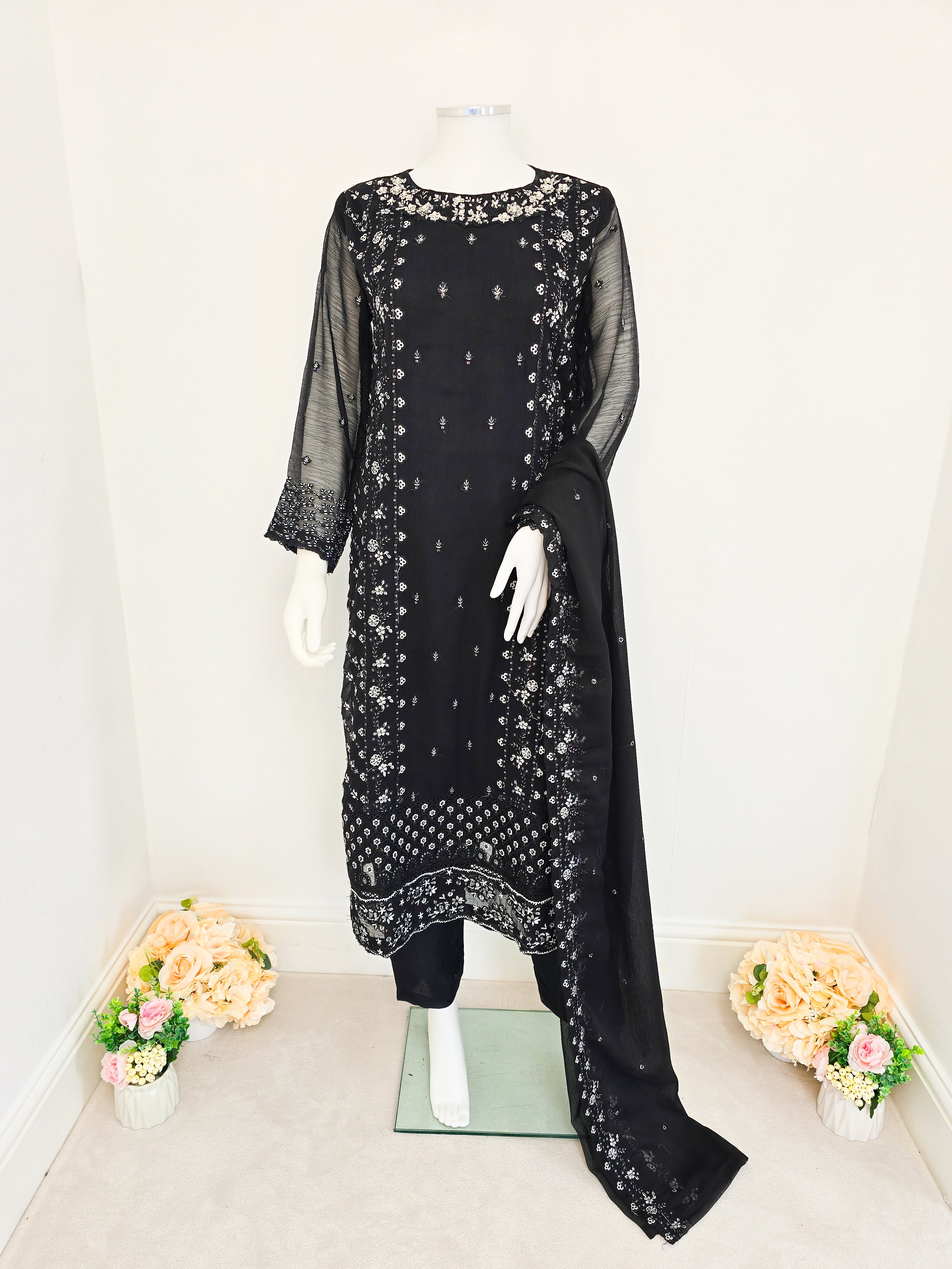 Black Chiffon Embroidered Suit