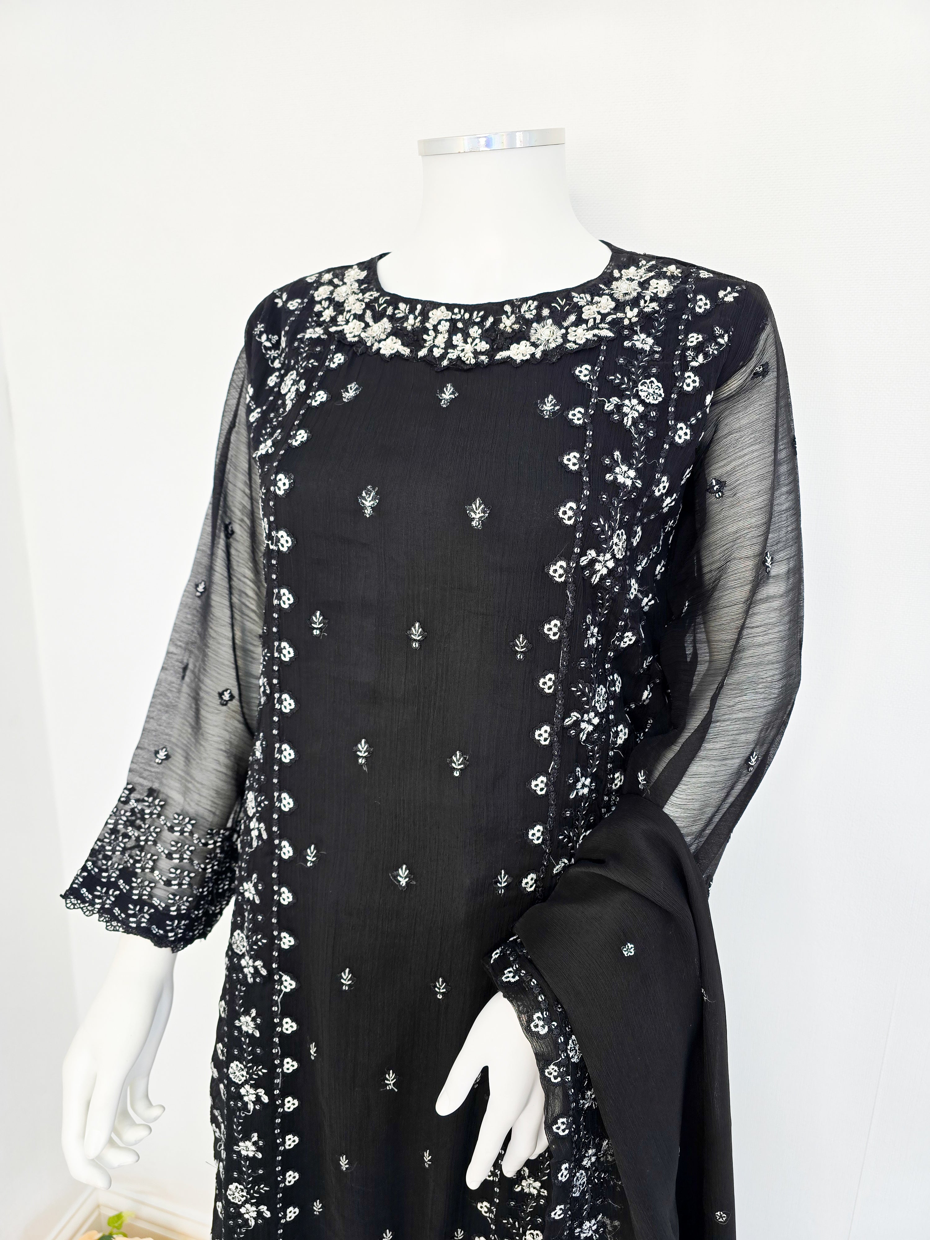 Black Chiffon Embroidered Suit