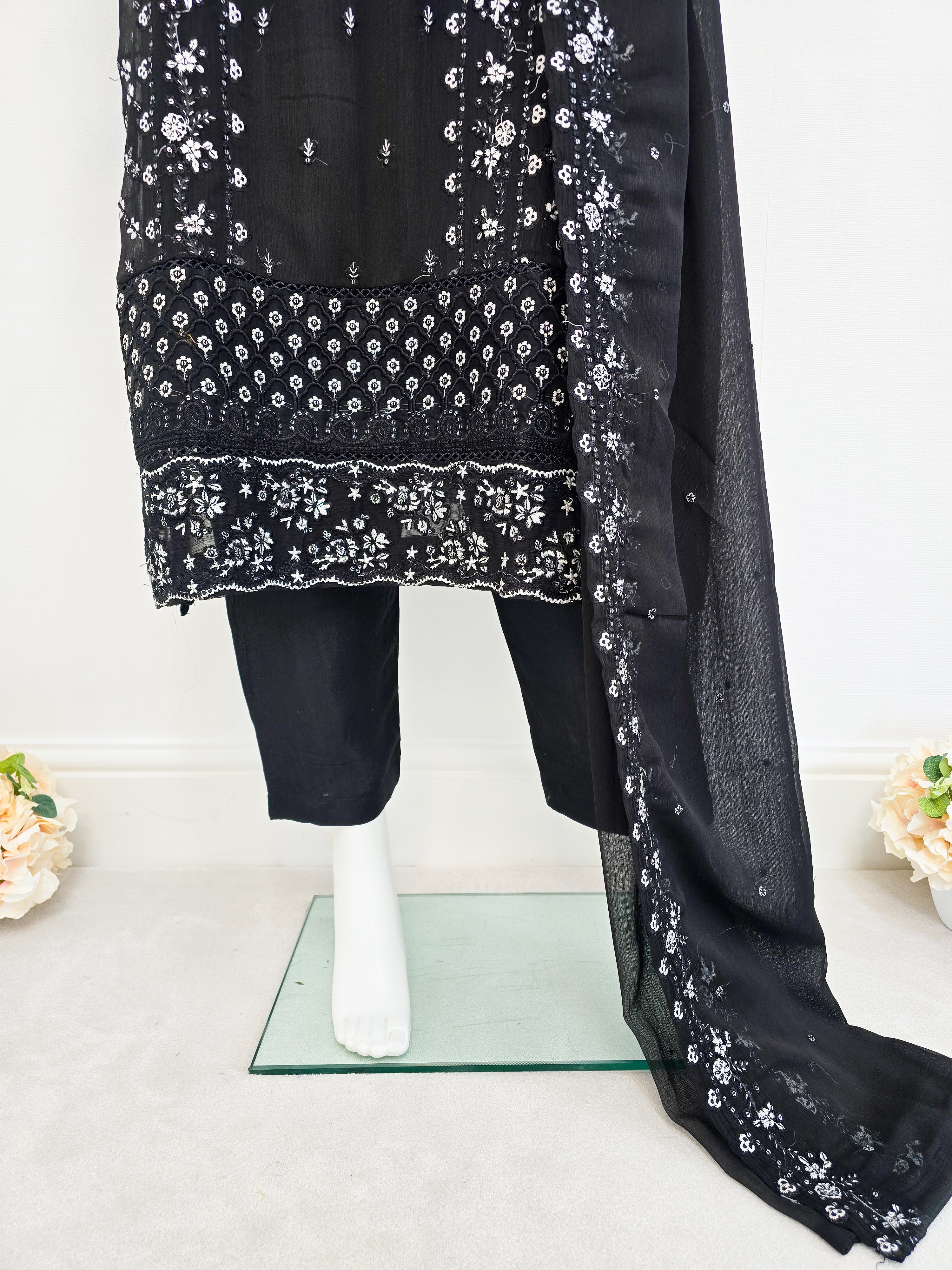 Black Chiffon Embroidered Suit