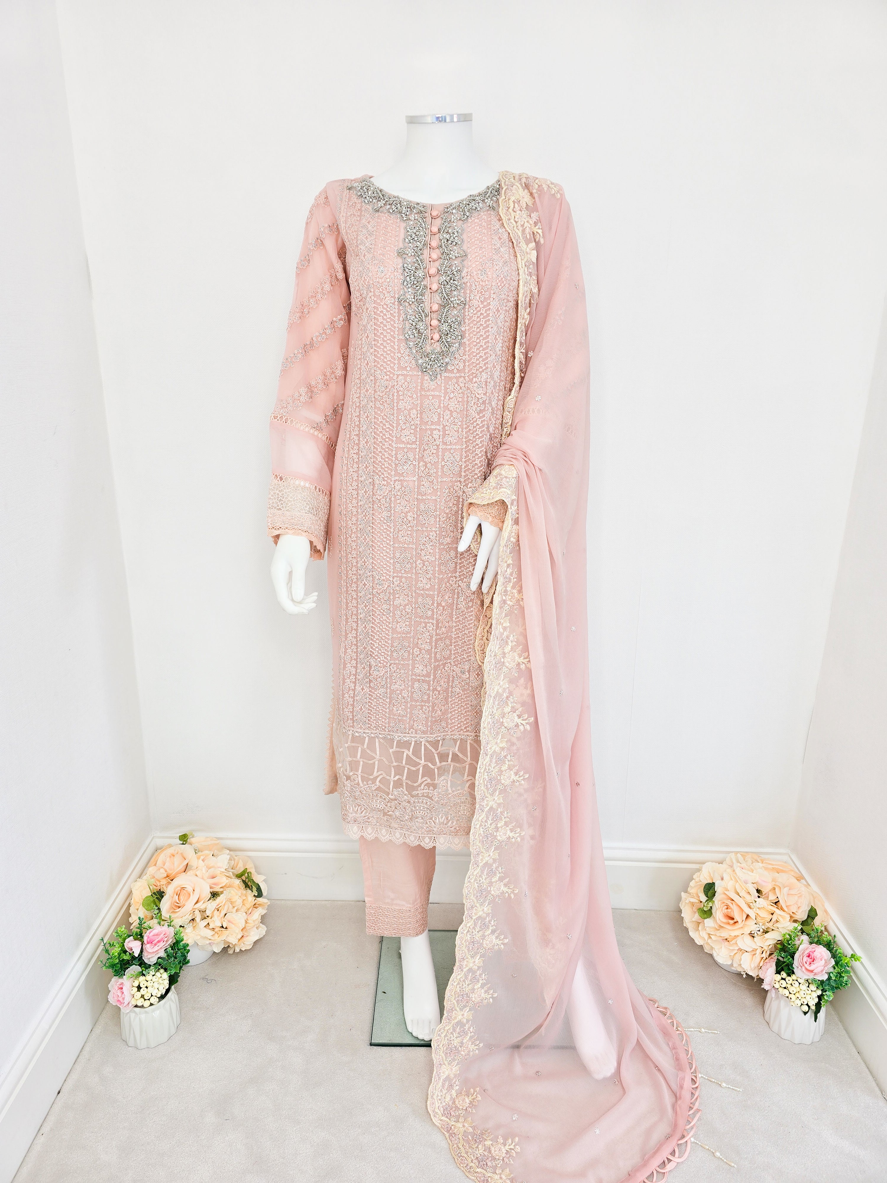 Peach Luxury Embroidered Chiffon Suit