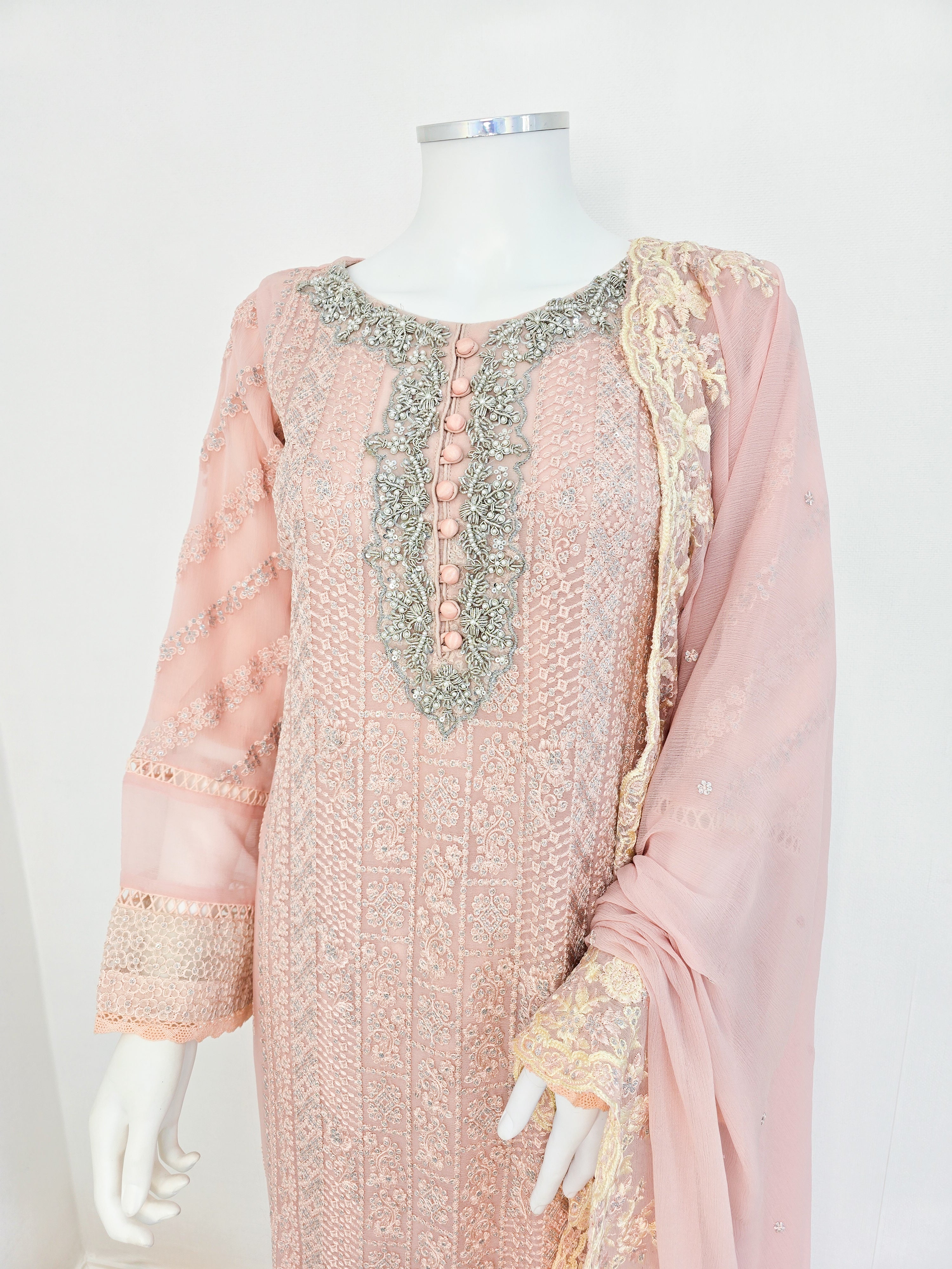 Peach Luxury Embroidered Chiffon Suit