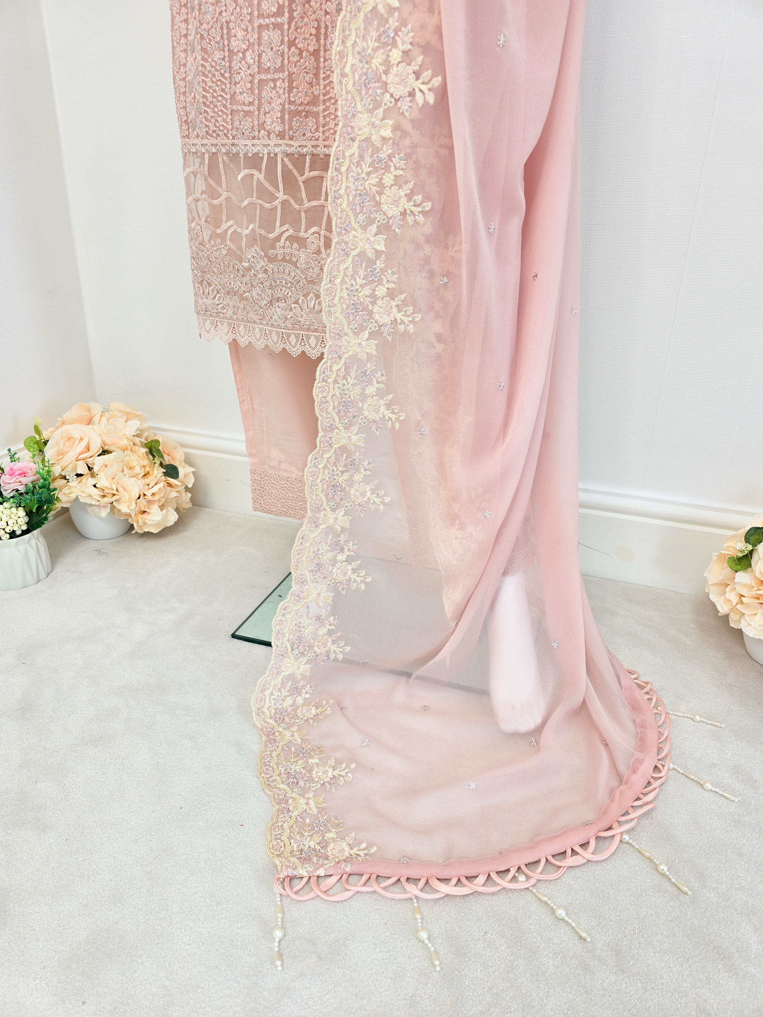 Peach Luxury Embroidered Chiffon Suit