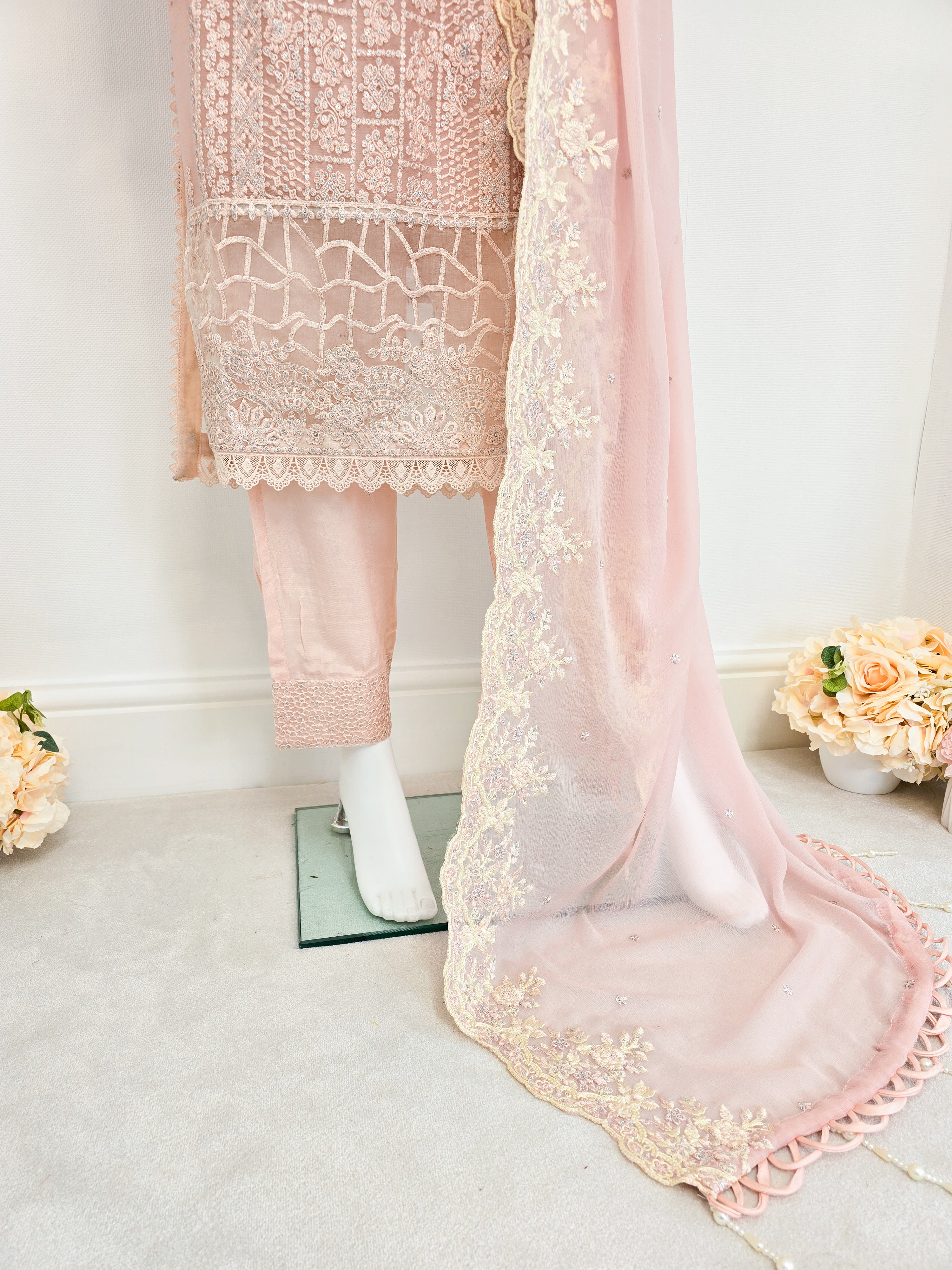 Peach Luxury Embroidered Chiffon Suit