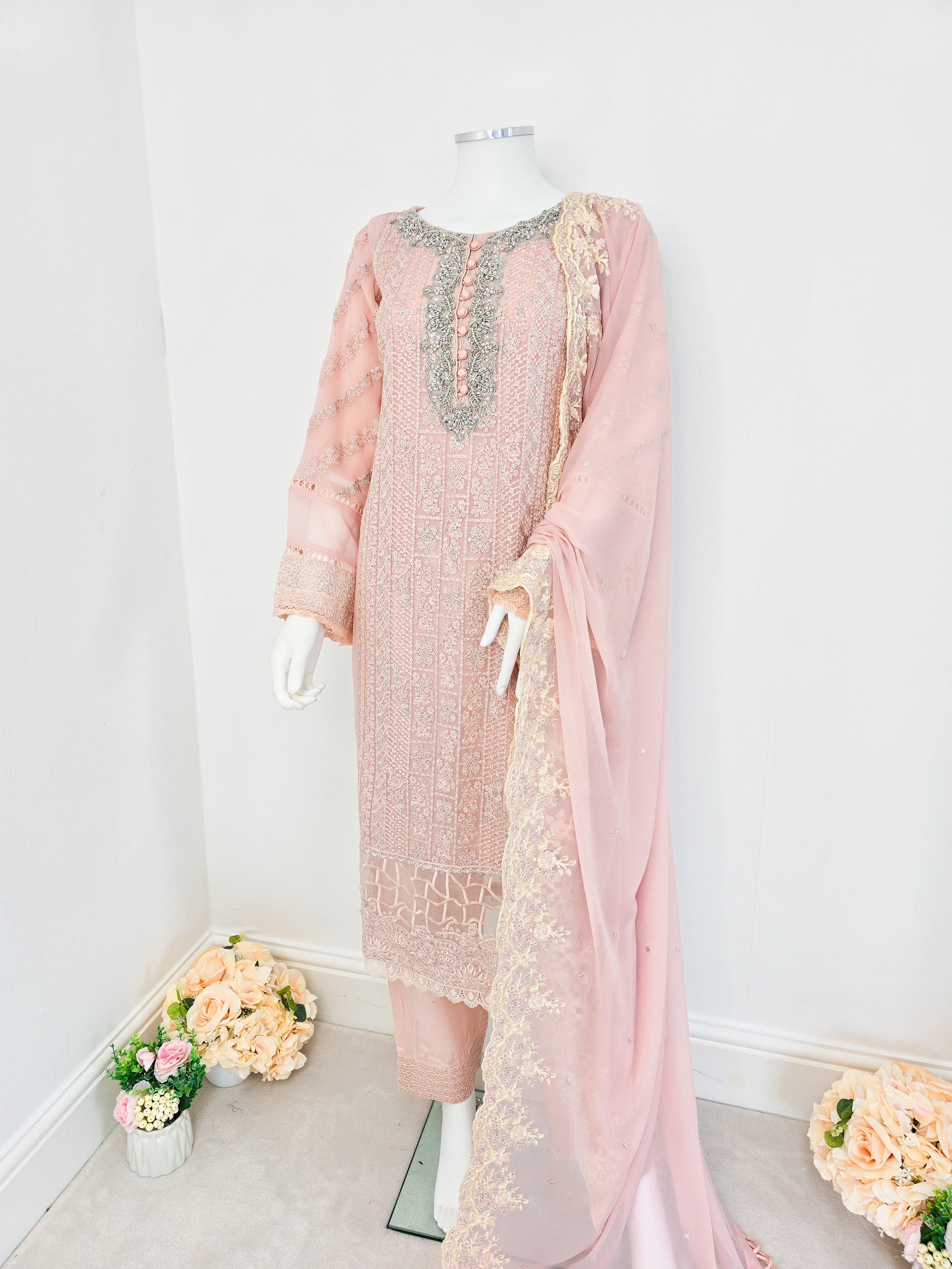 Peach Luxury Embroidered Chiffon Suit