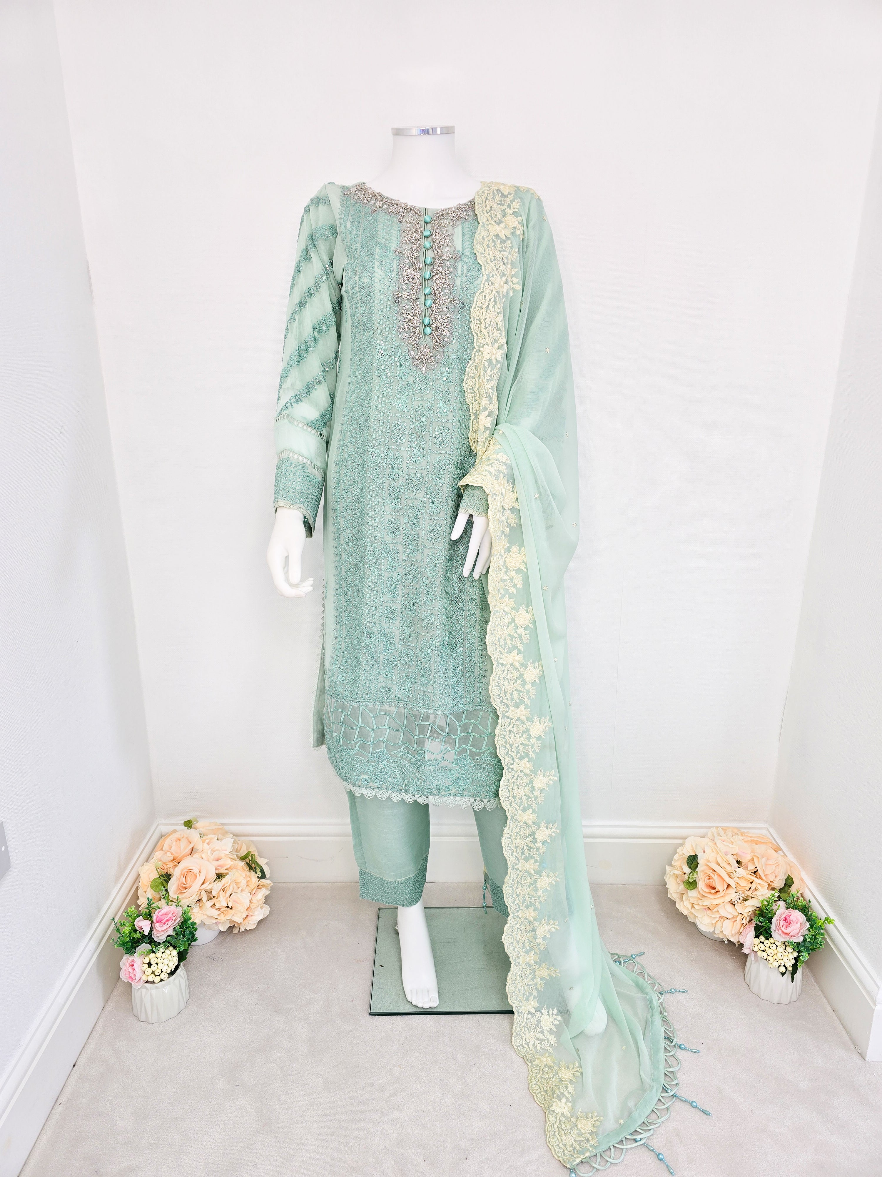 Mint Green Luxury Embroidered Chiffon Suit