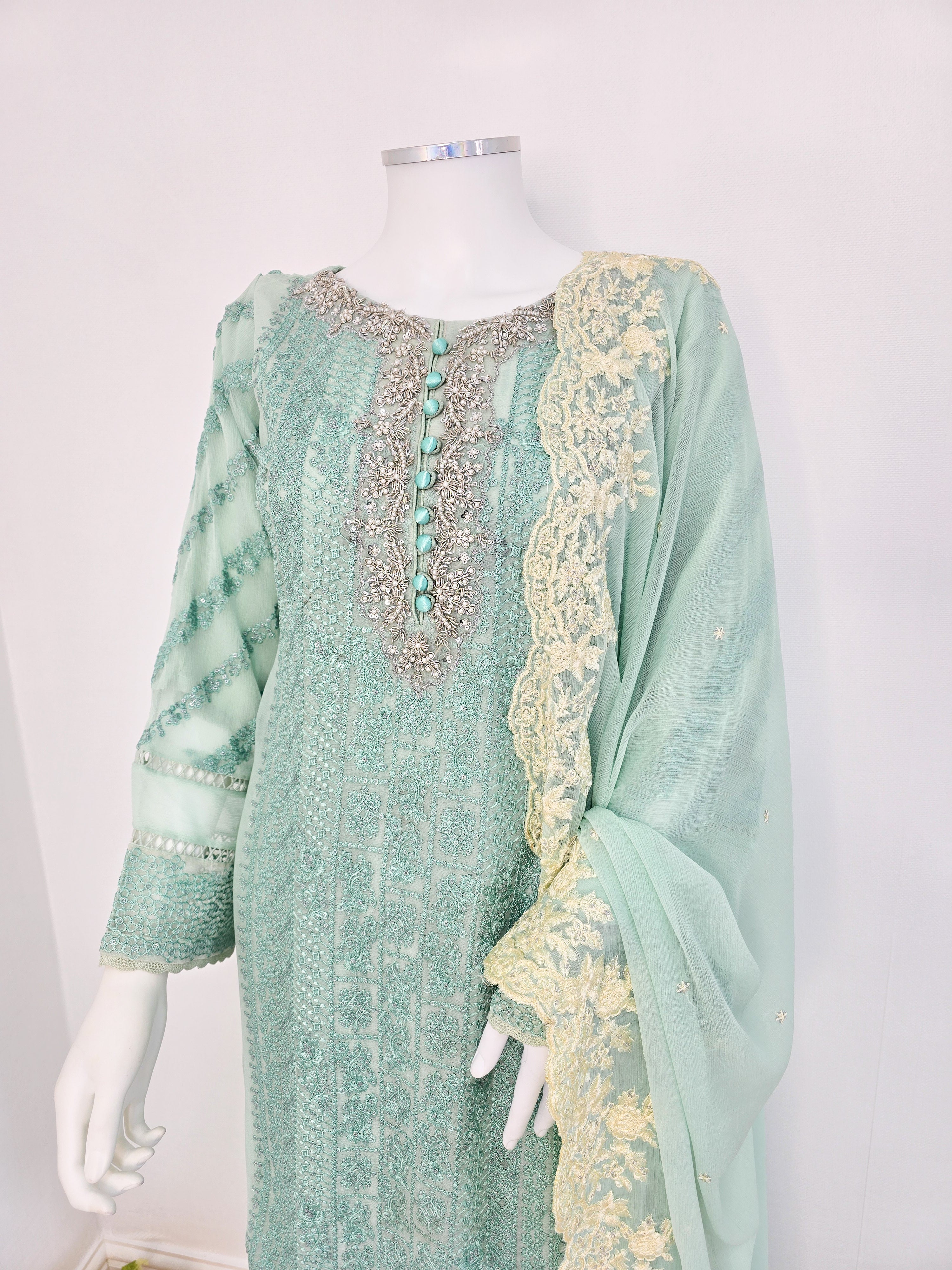 Mint Green Luxury Embroidered Chiffon Suit