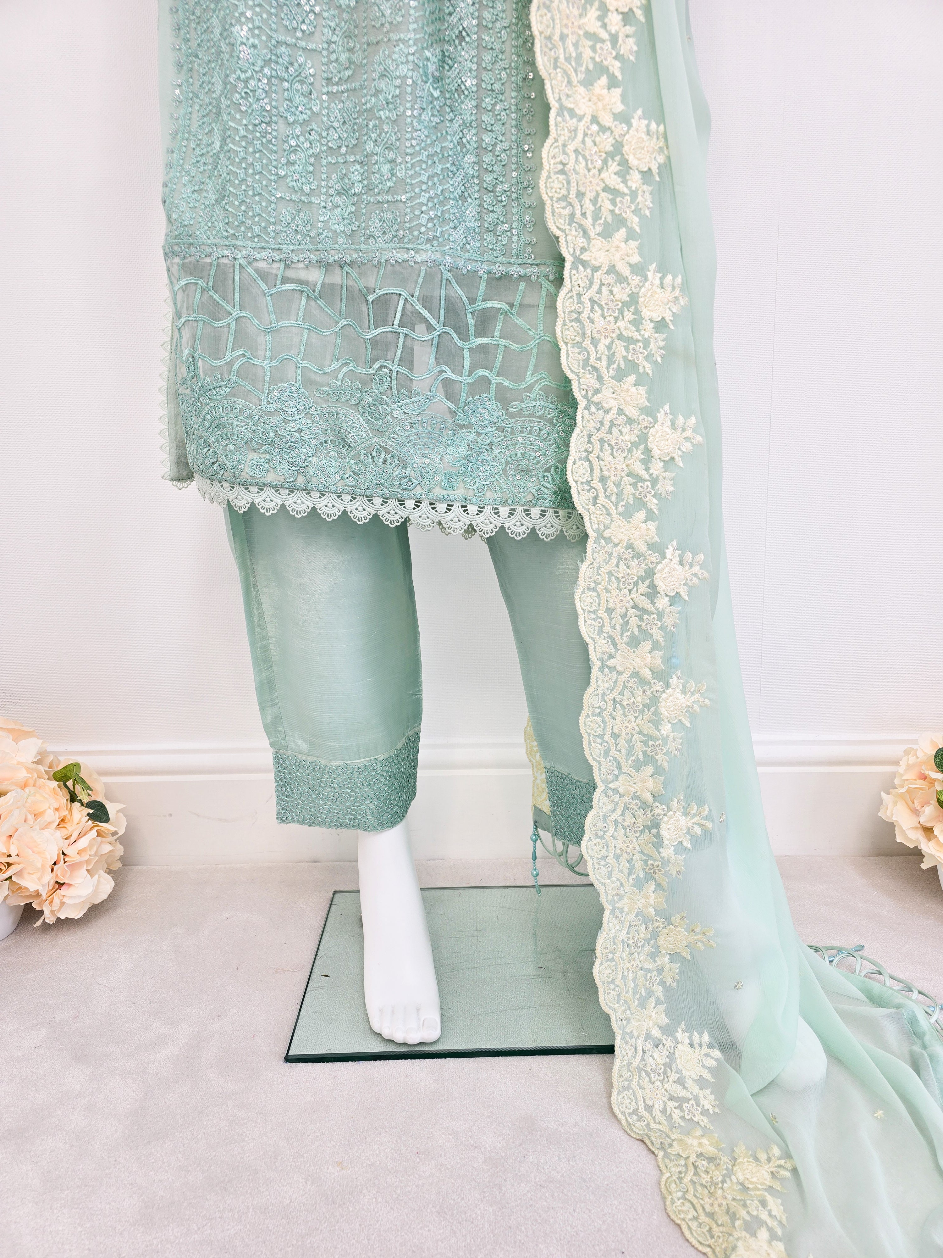 Mint Green Luxury Embroidered Chiffon Suit