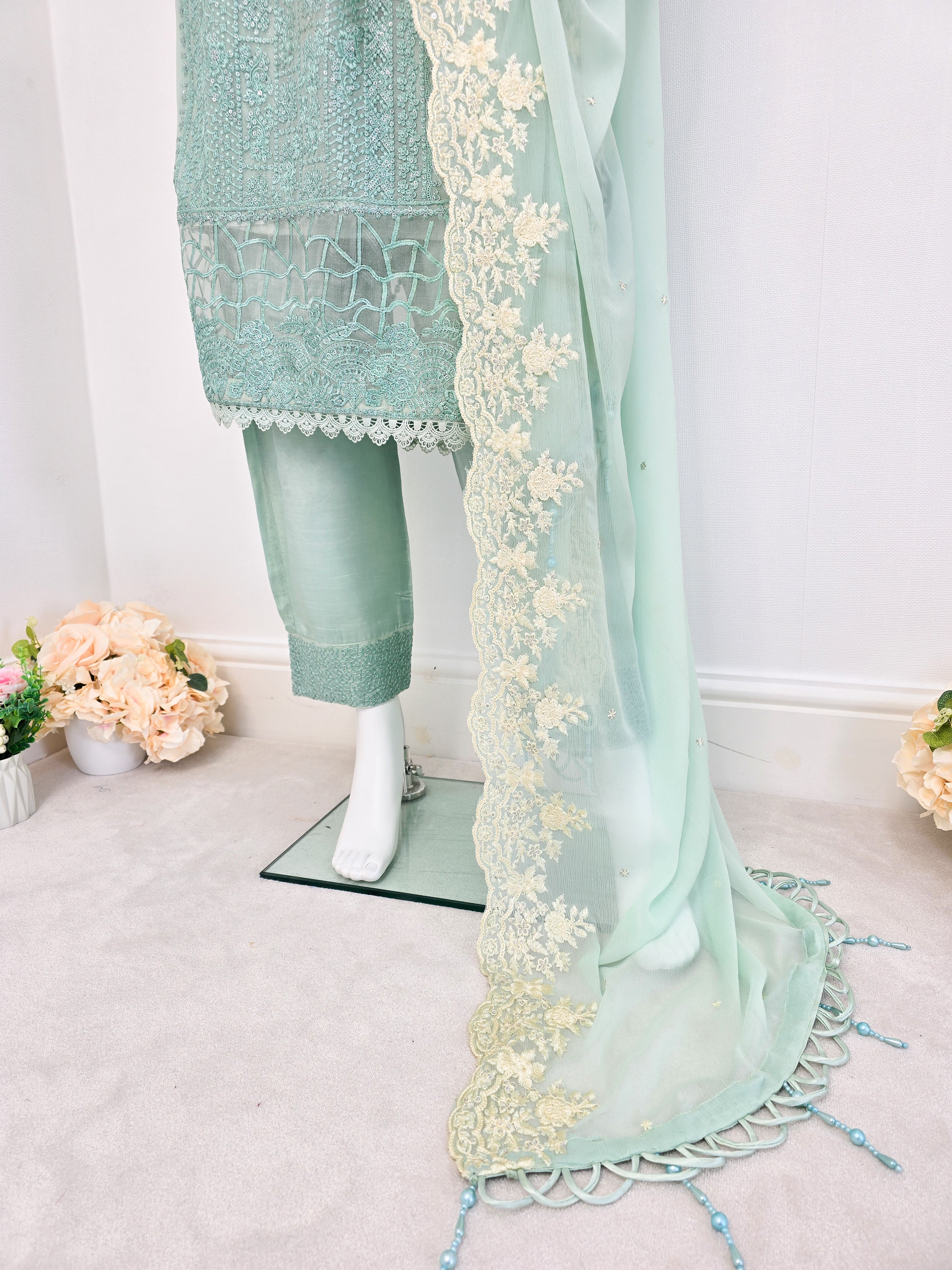 Mint Green Luxury Embroidered Chiffon Suit